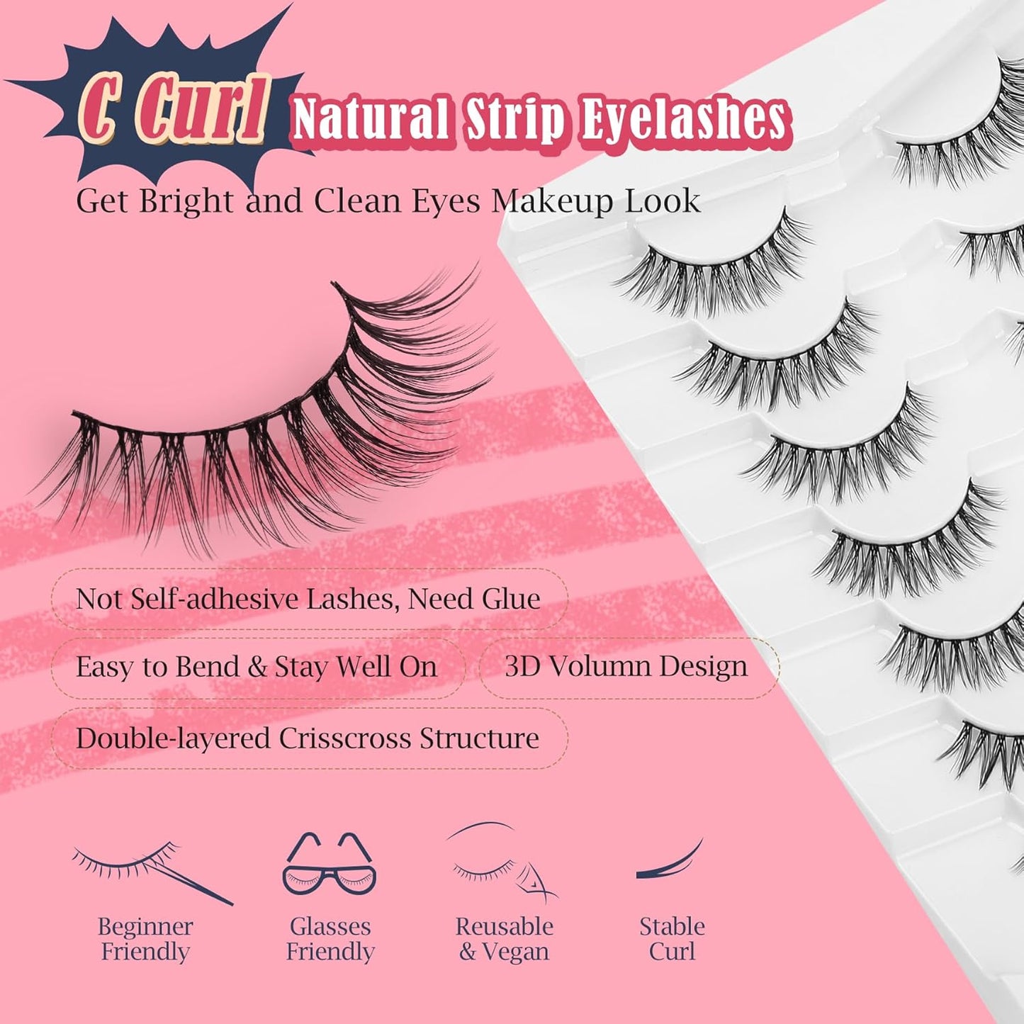 Eyelashes Natural Cat Eye Lashes False Eyelashes Wispy Lashes Flared Lashes Pack C Curl Eyelash Soft False Lashes 12mm Short Lashes Siligli 7 Pair