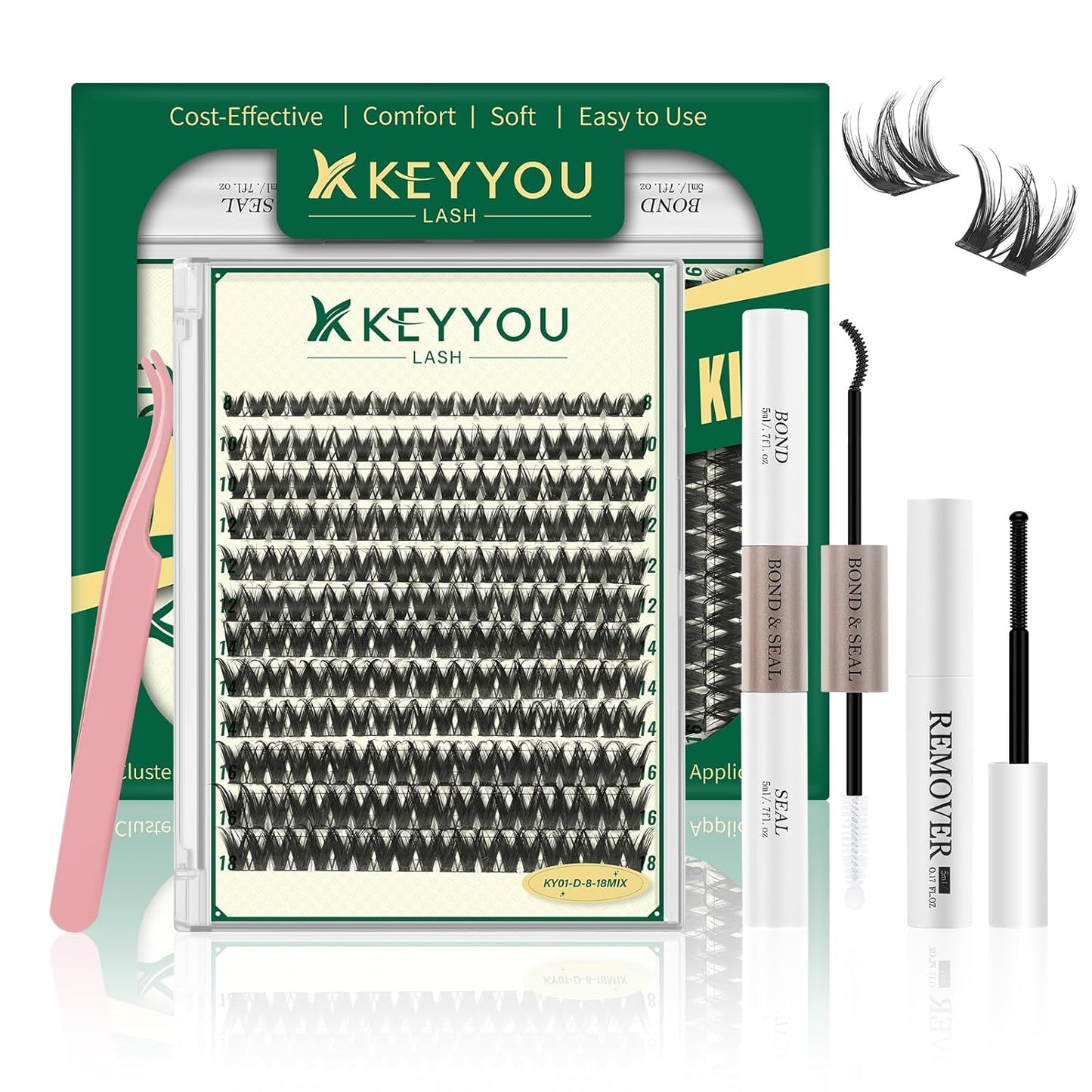 KEYYOULASH DIY Lash Extension Kit 120pcs 8-18MIX Lash Clusters Eyelash Extension Kit with Lash Bond and Seal,Remover,Applicators for DIY Lash Extensions at Home (KY01 Kit)