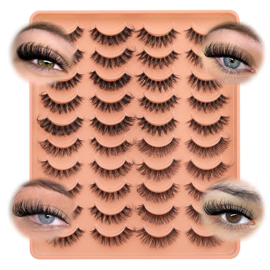 JIMIRE False Eyelashes 4 Styles Mixed Demi Wispies Cat Eye Lashes Mink Lashes Fluffy D Curl Russian Strip Lashes Natural Look Fake Lashes Pestañas 20 Pairs Pack