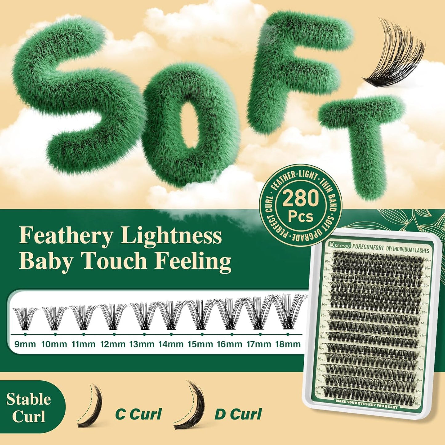 KEYYOU DIY Lash Extension Kit 300pcs Soft Lash Clusters 60D C Curl Easy to Apply with Lash Bond and Seal Lash Applicator Lash Remover Eyelash Extension Kit at Home(RMkit-60D-C-9-18mix)