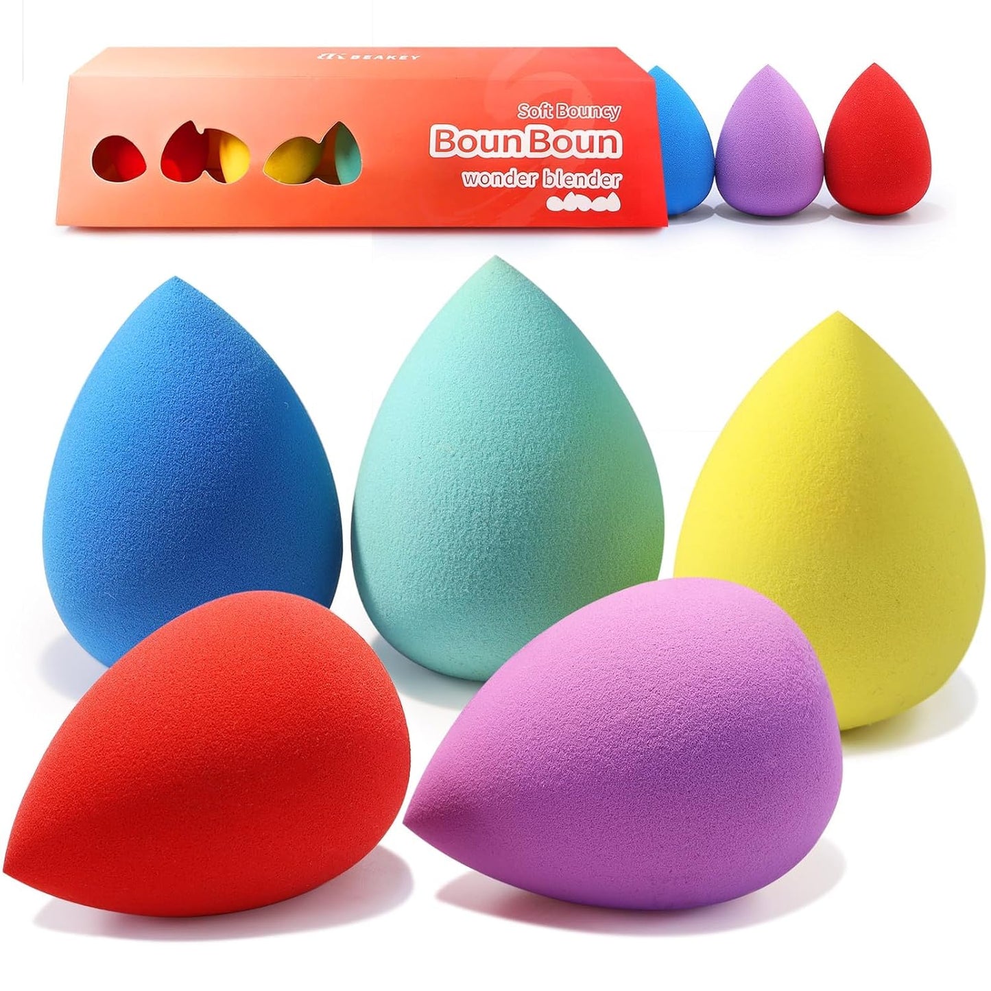 BEAKEY Makeup Sponge 5 Pcs Set, Latex-Free and Soft Boun Boun Beauty Sponge for Blending, Makeup Sponges for Foundation, Liquid, Cream and Powder. Blender for Enhanced Make Up Application