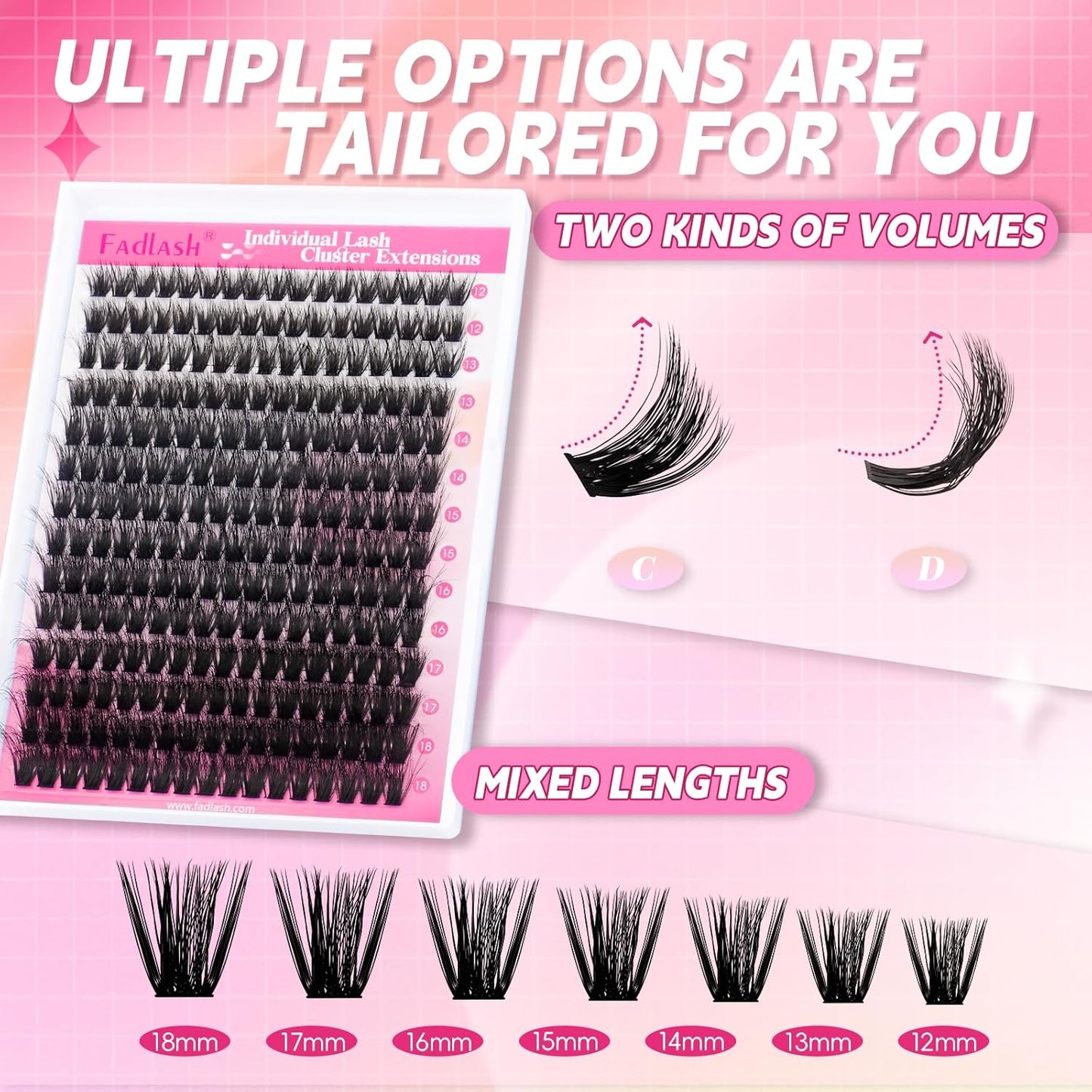 Lash Clusters 280pcs 80D 12-18mm Cluster Lashes Mixed Tray 3D Effect Volume Individual Lashes Cluster Eyelash Extensions Fluffy Soft D Curl DIY Lash Extension Kit at Home (80D-0.07-D,12-18mm)