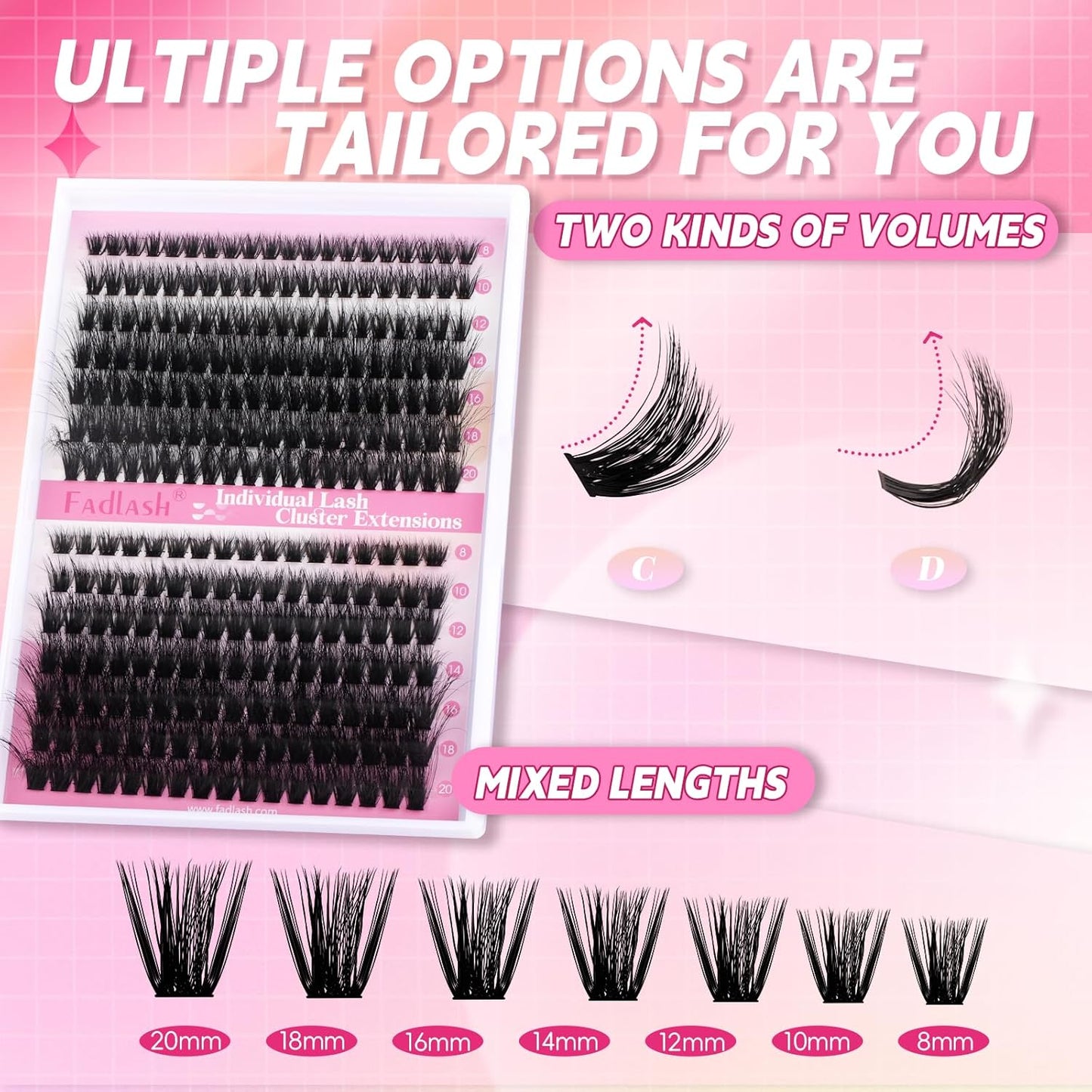 Lash Clusters 280pcs 60D+80D 8-20mm Cluster Lashes Mixed Tray 3D Effect Volume Individual Lashes Cluster Eyelash Extensions Fluffy Soft D Curl DIY Lash Extension Kit at Home (60D+80D-0.07-D,8-20mm)