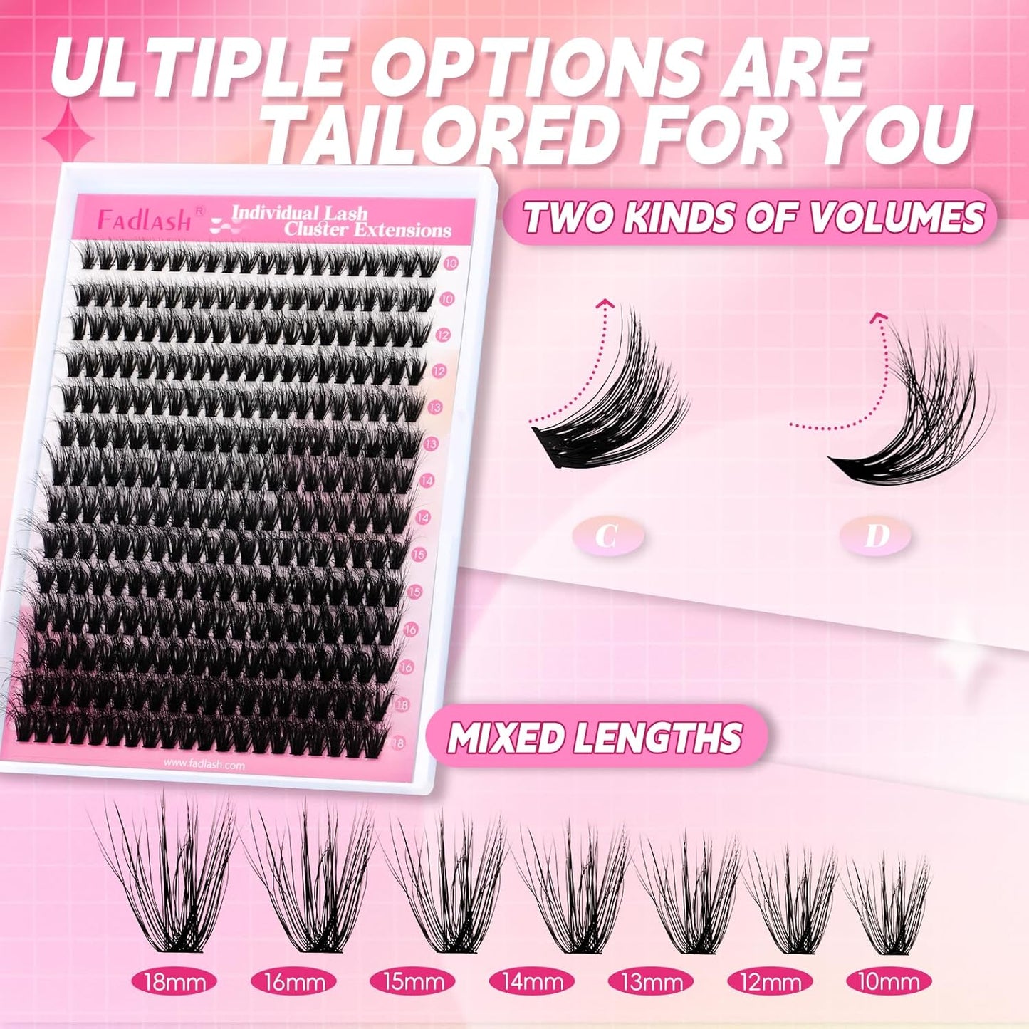 Lash Clusters 280pcs 50D 10-18mm Cluster Lashes Mixed Tray 3D Effect Volume Individual Lashes Cluster Eyelash Extensions Fluffy Soft D Curl DIY Lash Extension Kit at Home (50D-0.07-D,10-18mm)