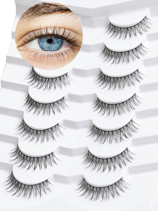 False Eyelashes Natural Look Wispy Lashes 10mm Short Lash C Curl 0.1MM Thin Band Lashes Pack Siligli Fake Eyelash 7 Pair
