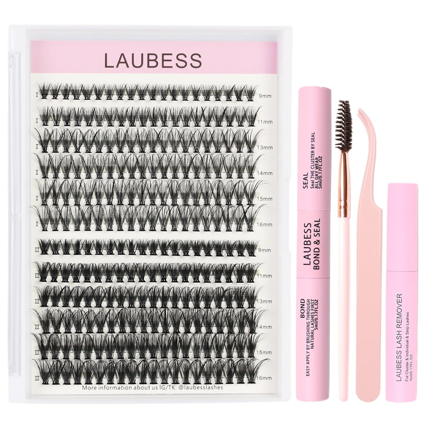 Lash Extension Kit LAUBESS Lash Clusters Kit Cluster Eyelash Extensions Kit Eyelash Clusters Lash Bond and Seal Waterproof Tweezers Brush Lash Glue Remover (Kit 30D/40D-D-Mix9-16)
