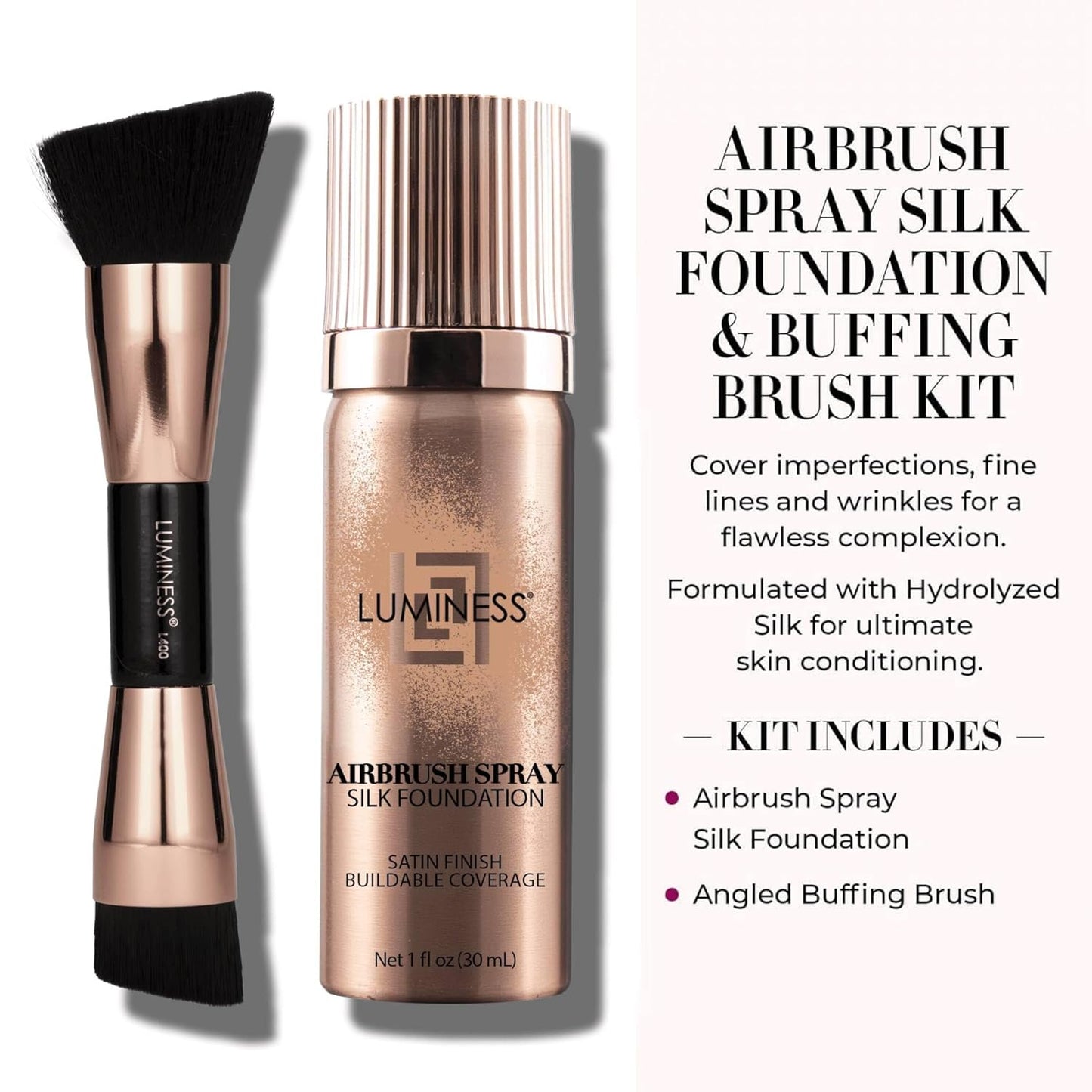 LUMINESS Silk Airbrush Spray Foundation 2-PC Kit - Foundation & Dual-Sided Angled Makeup Brush - Buildable Coverage, Anti-Aging Formula, Humidity Resistant, Hydrates & Moisturizes, Medium