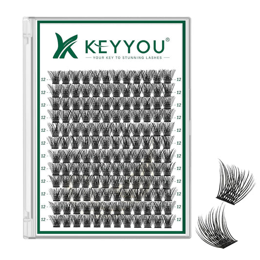 KEYYOU Lash Clusters 144pcs Individual D Curl 10mm Air Touch Cluster Lashes Super Lightweight Soft Wispy Comfortable Easy DIY at Home
