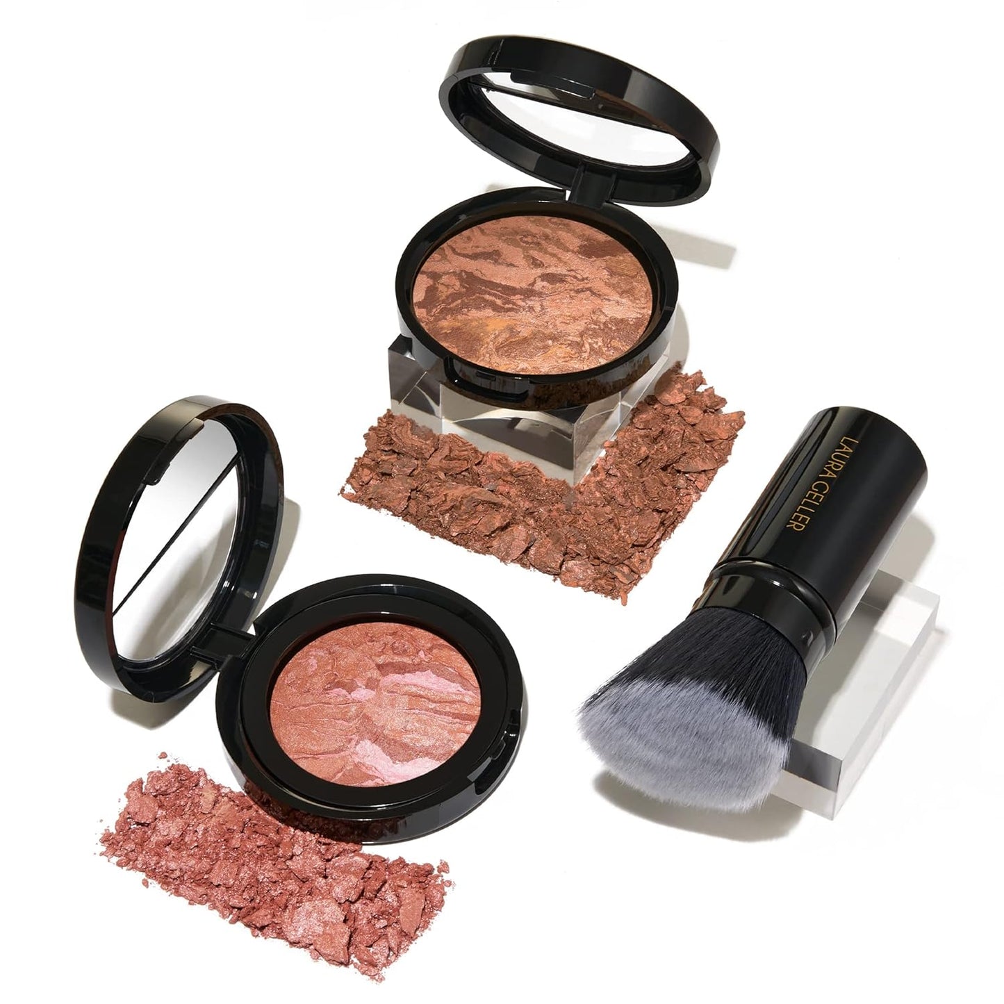 LAURA GELLER NEW YORK Blush-n-Glow Kit (3 PC): Baked Balance-N-Glow Illuminating Powder Foundation, Tan + Retractable Kabuki Brush + Baked Blush-N-Brighten, Pink Grapefruit
