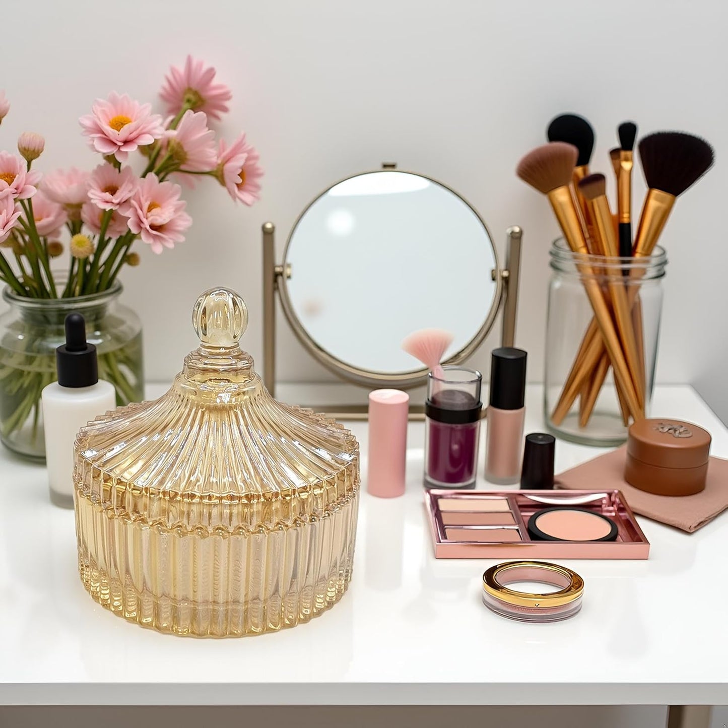 Extra Large Body Powder Puff and Container - Vintage Glass Dusting Powder Container with Soft Puff for Women & Girls (5.9x5.9x5.9 IN)-GRB010-Amber