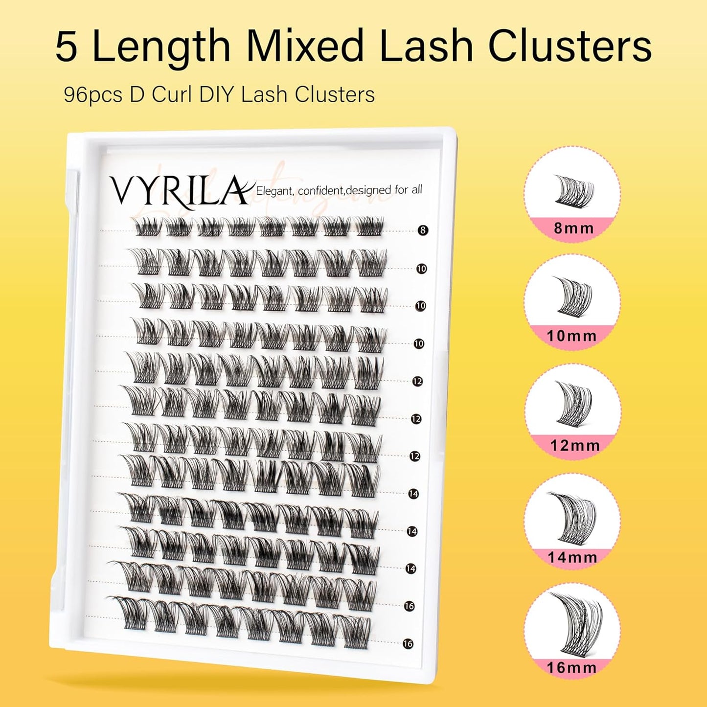 Lash Clusters 8-16mm, False Eyelashes 96pcs, Cluster Eyelash Extensions Matte Black Soft, Diy Lash Extensions D Curl Natural Lash Clusters Faux Mink Lashes Wispy（Tide,96pcs,0.07,D,8-16MIX)