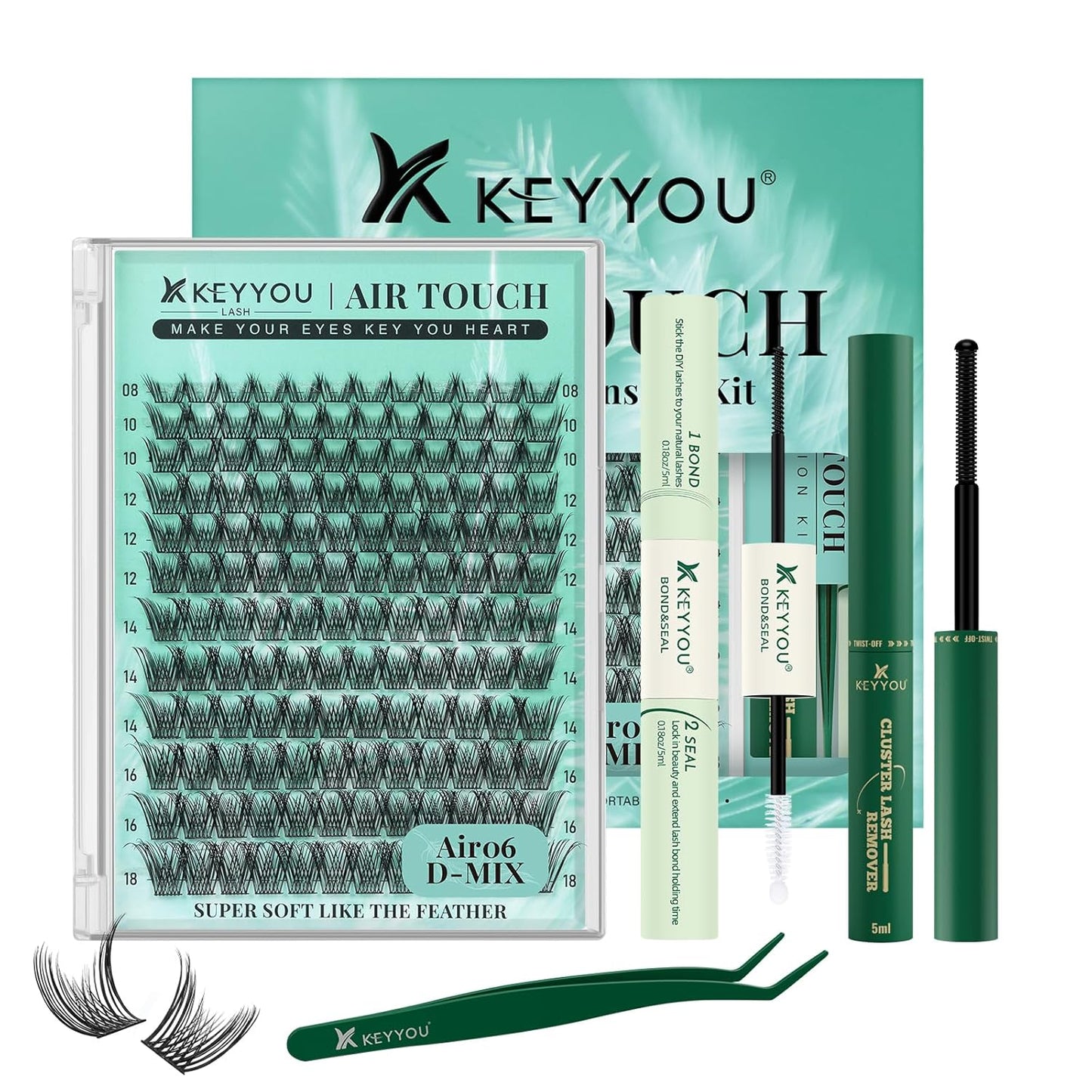 KEYYOU Lash Extension Kit 144pcs Air Touch Lash Clusters with Bond and Seal Lash Applicator Remover D Curl DIY Eyelash Extension Kit Easy to Apply at Home(Air06Kit-D-8-18Mix)