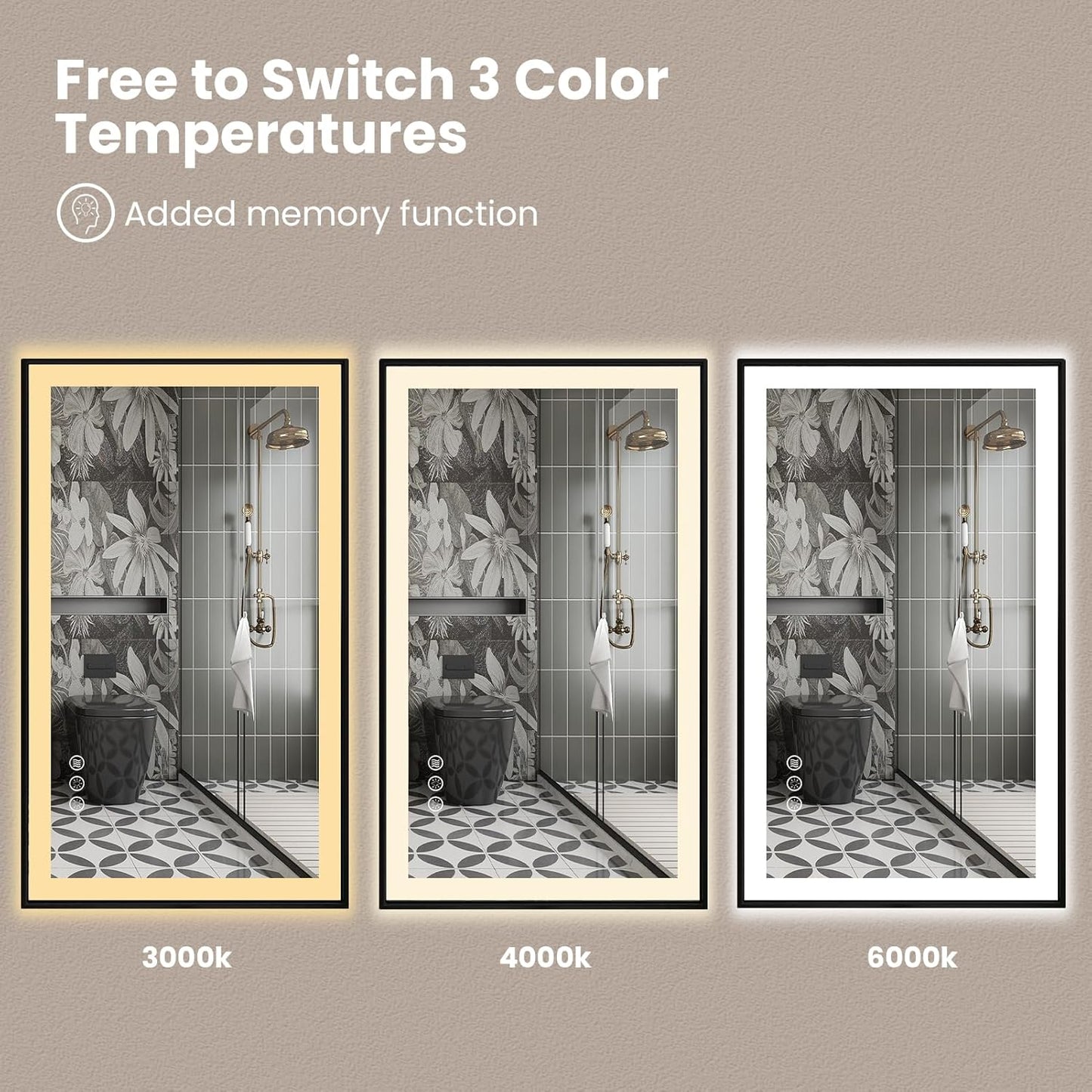 Amorho 40" X36" LED Bathroom Mirror with Black Frame, Front Light and Backlit(Controlled Separately), Stepless Dimmable, Anti-Fog, Shatter-Proof, 3 Colors, Memory