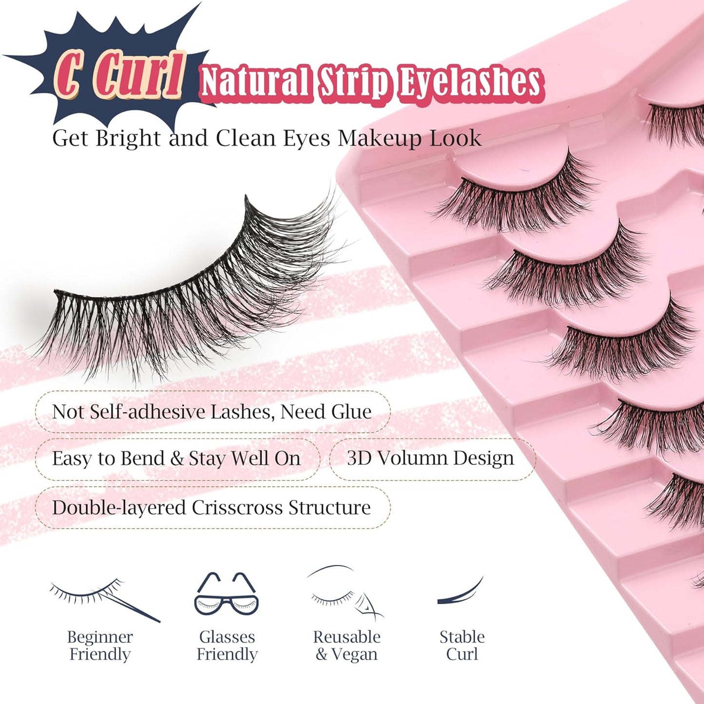 Eyelashes Natural Cat Eye Lashes 16mm Flase Eyelashes Flared Strip Lashes Fluffy False Lashes That Look Like Extensions C Curl Wispy Lashes Siligli Soft Lashes Pack 7 Pair