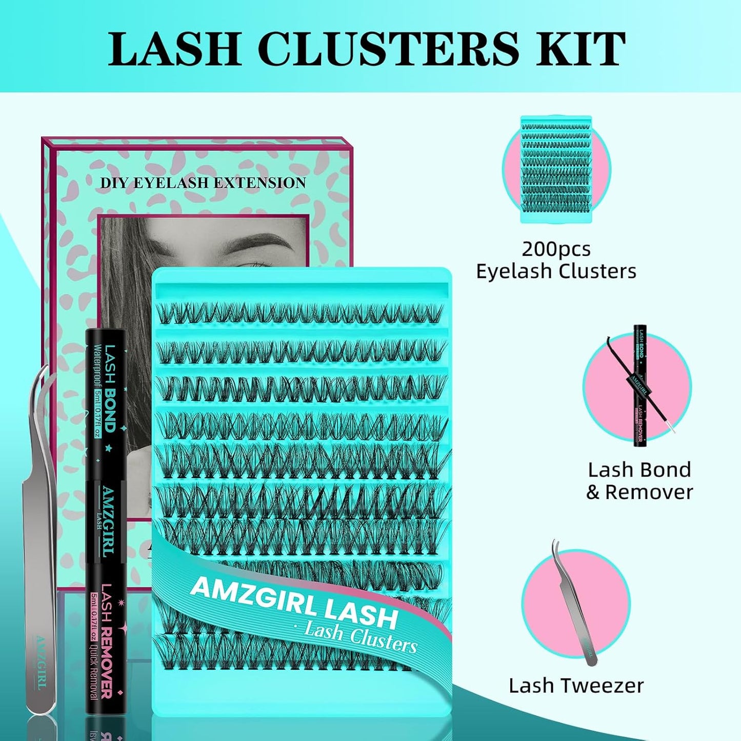 Lash Clusters Kit 200PCS 40D Eyelash Extension Kit D Curl Wispy Eyelash Clusters DIY Natural Individual Lashes Kits Lashes Extensions Kit with Lash Bond and Remover Eyelash Tweezer at Home