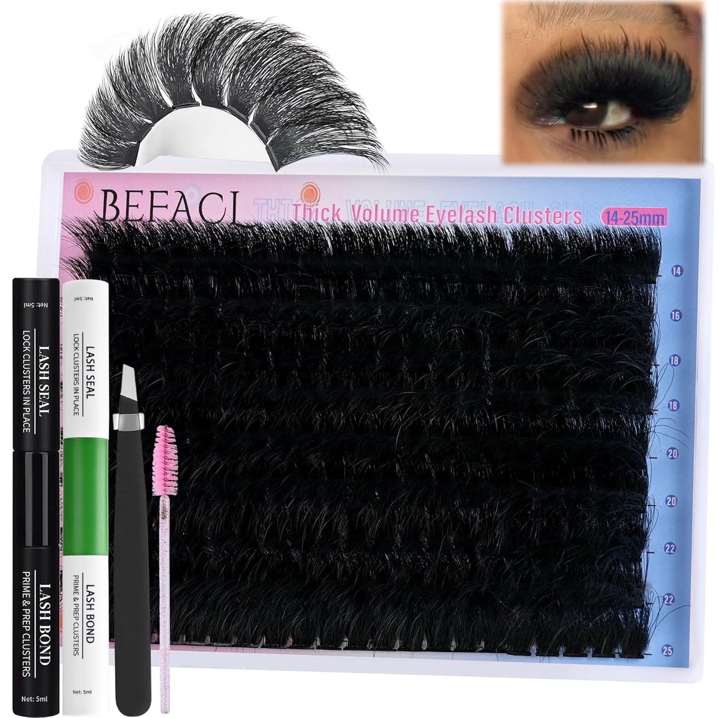 Lash Clusters Kit Fluffy Eyelash Extensions Kit 280D Individual Eyelashes Kit 14-25mm DIY Lashes Extension Kit with Lash Bond and Seal, Lash Applicator, Mega Volume False Eyelashes Kit by BEFACL