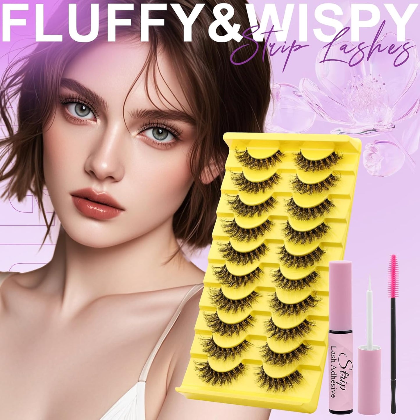 Strip Lash with Glue for DIY Lash-users: 10 Pairs, DIY, Natural Look, Fluffy, Manga, Wispy, Waterproof, Anime, Cat Eye, D Curl, LZ-201