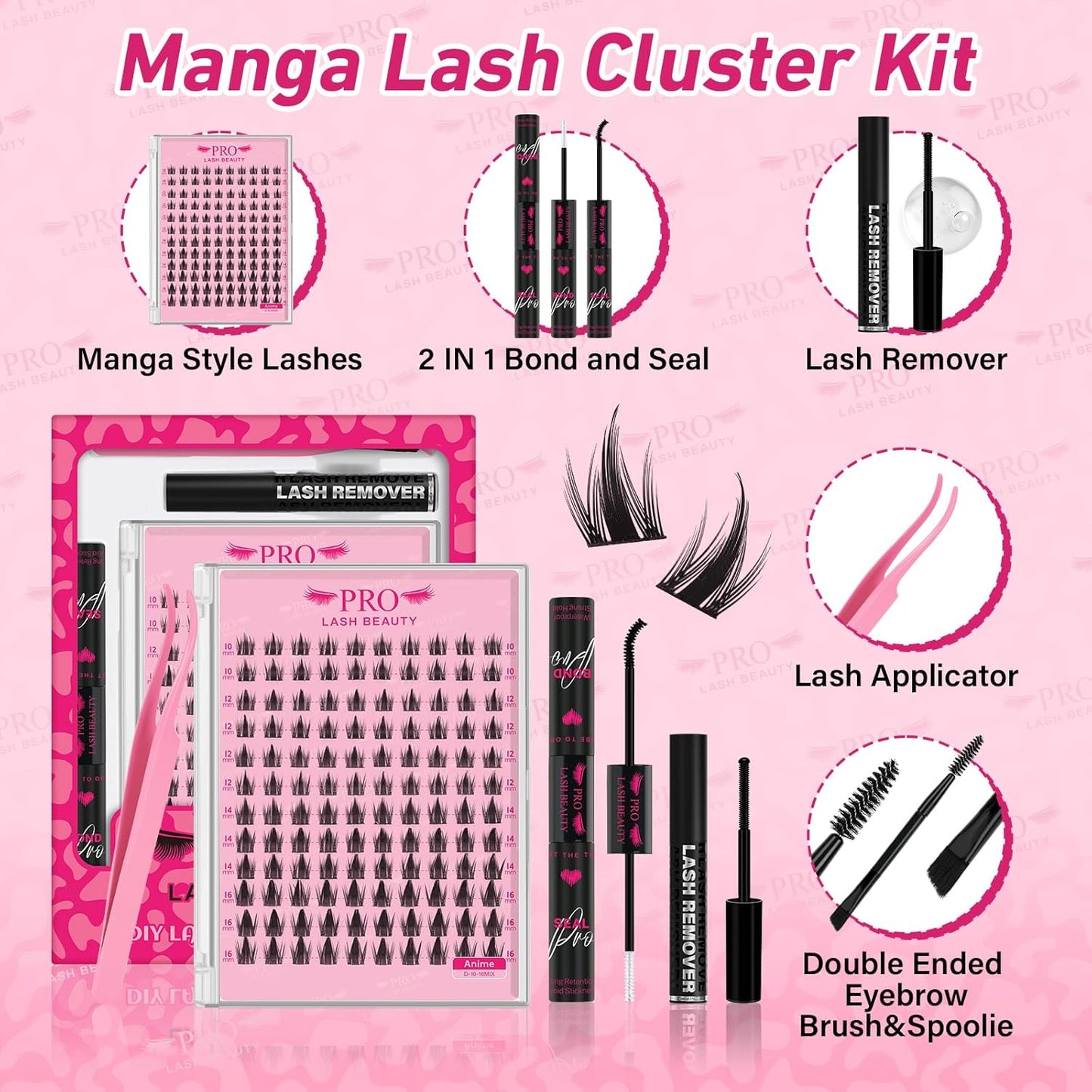 PROLASHBEAUTY Manga Lash Clusters Kit Anime Lash Clusters Volume Fairy Ultra-Thin Band Spike Lashes with Lash Bond and Seal Applictor Remover (Anime,10-16mix)
