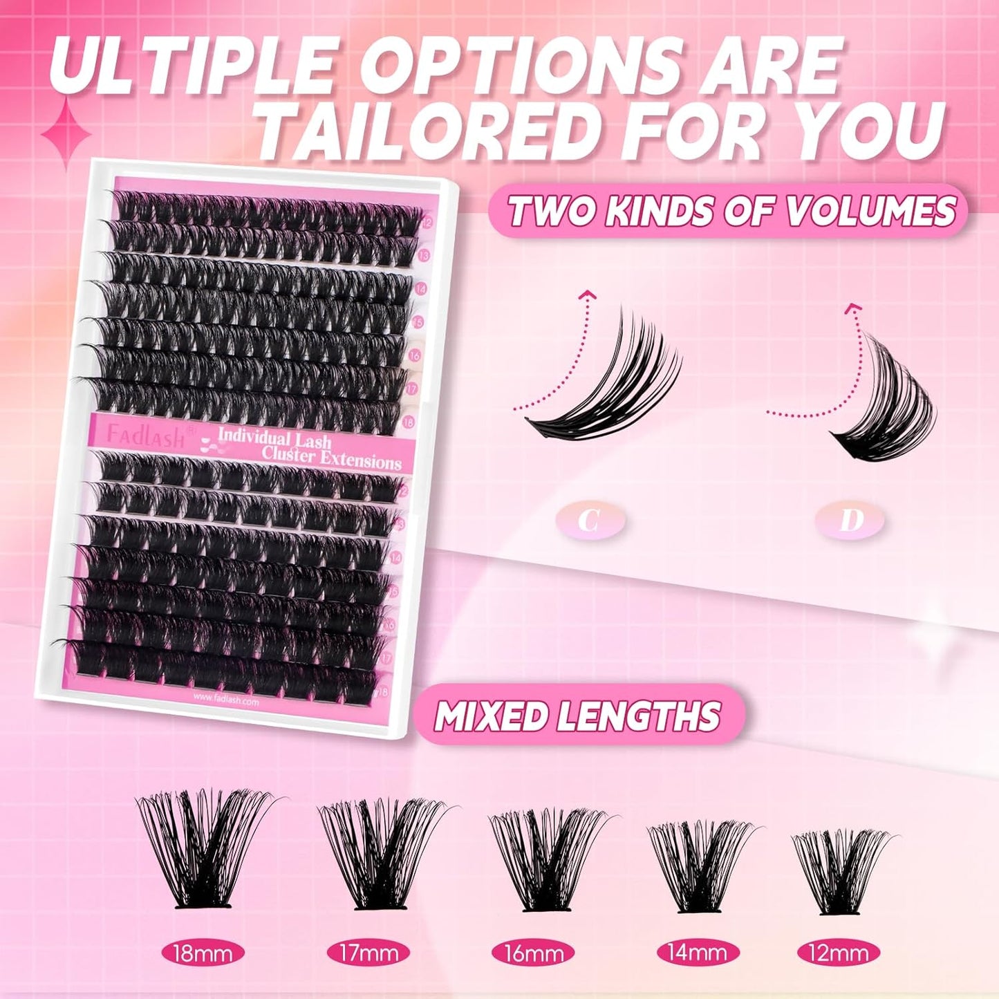 FADLASH Cluster Lashes D Curl Wispy Individual Lashes DIY Eyelash Extension Natural Look Reusable Fluffy Cluster Eyelash Extensions Self Application At Home (80D+100D-0.07D-12-18MIX)