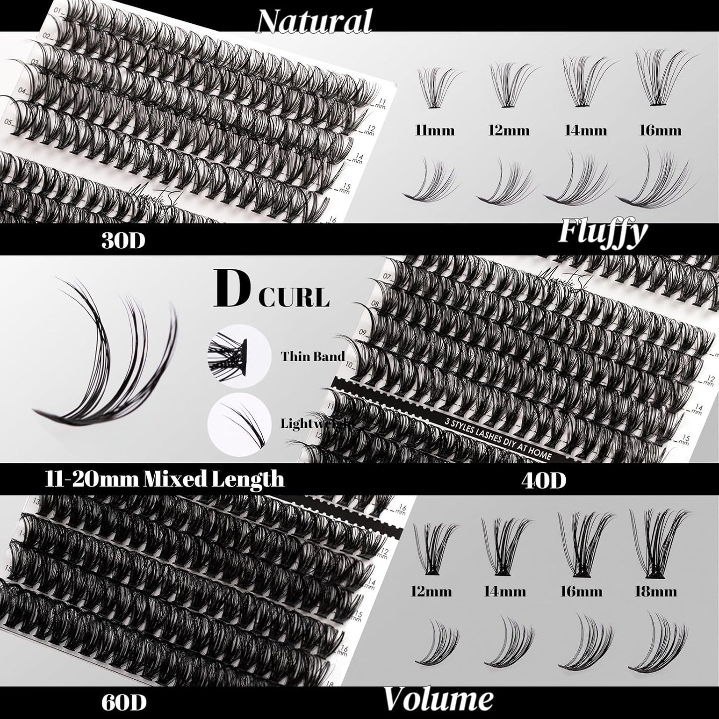 DIY Lash Extensions Kit 320pcs Individual Lashes Clusters 30D 40D 60D D Curl Eyelash Extension Kit with Applicator and Lash Bond&Seal, Lash Remover For False Eyelash Mix 11-20mm (30D+40D+60D KIT)