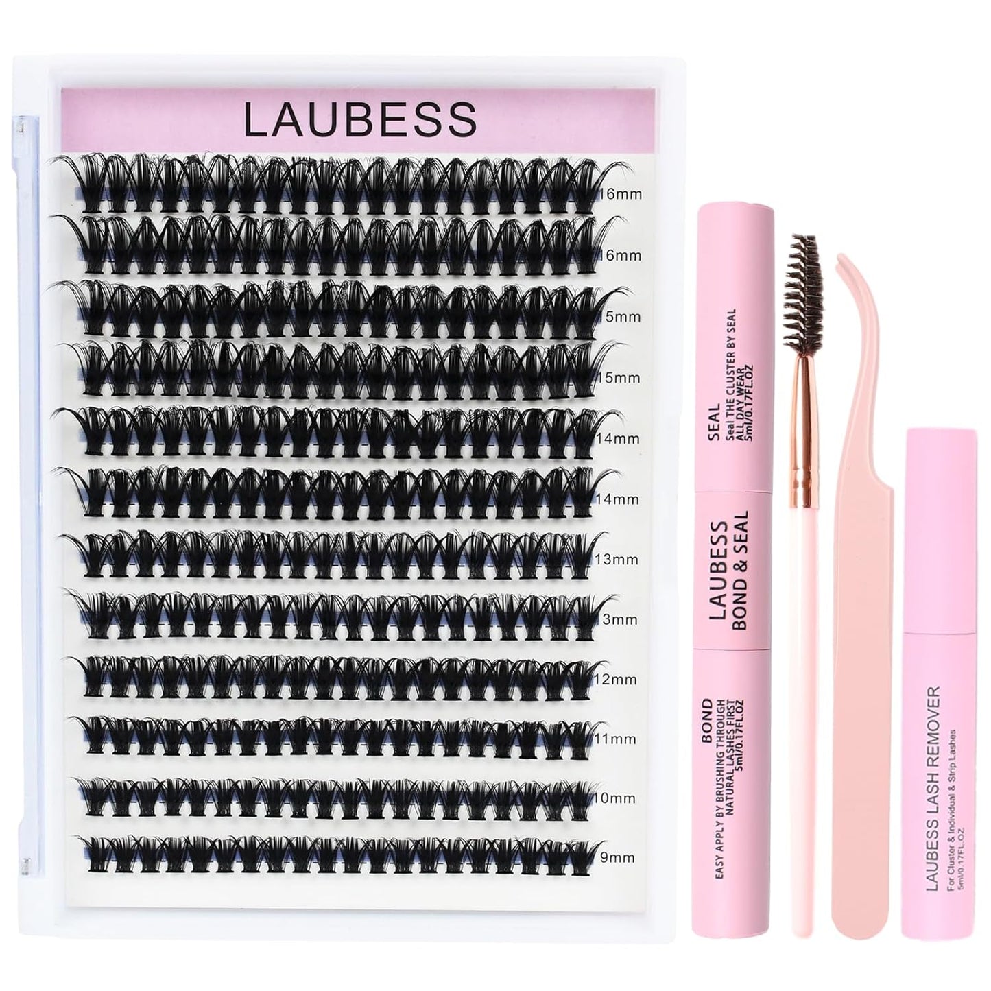 Lash Extension Kit LAUBESS Lash Clusters Kit Cluster Eyelash Extensions Kit Eyelash Clusters Lash Bond and Seal Waterproof Tweezers Brush Lash Glue Remover (Kit 50D-C-Mix9-16)