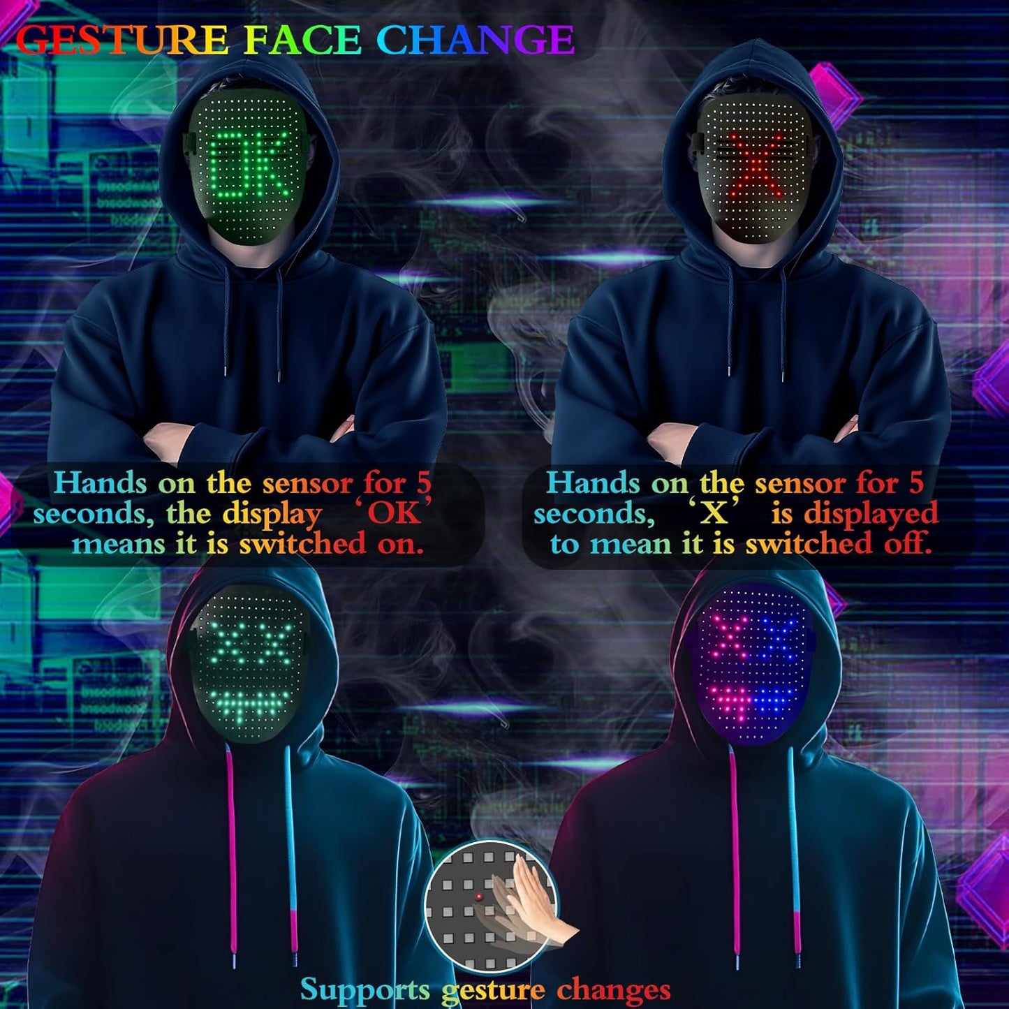 LED Mask with Gesture Sensing, Cool Light Up Transforming Face Mask for Halloween Xmas Cosplay