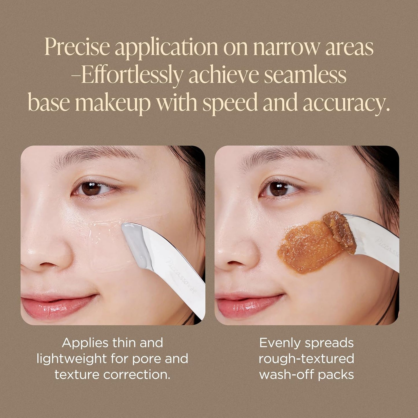 Piccasso 2-Way Makeup Spatula – Professional Foundation & Skin Care Spatula for Face, Dual-Ended Stainless Steel Tool for Precise and Hygienic Application, Includes Leather Case