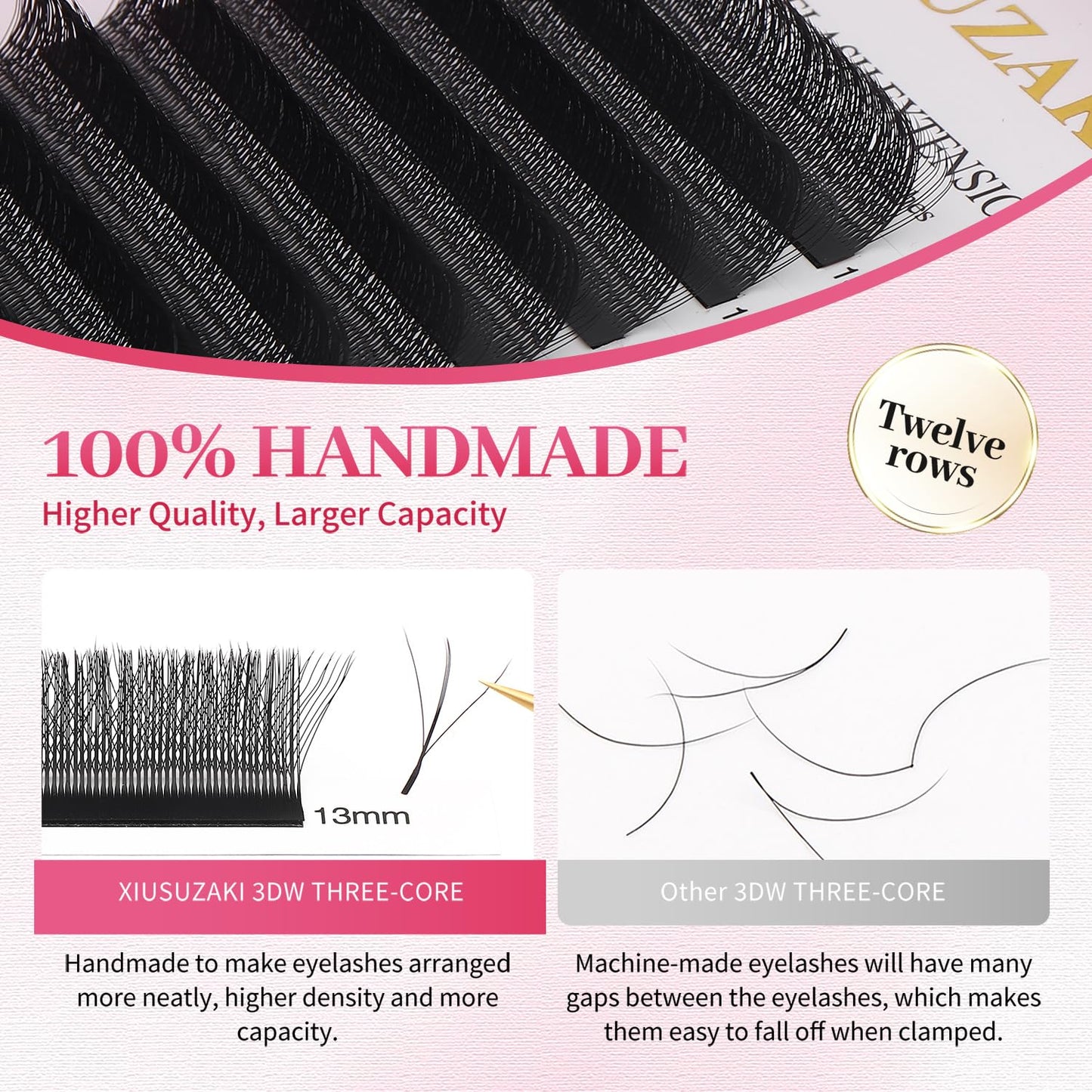 Lash Extensions Three Core Tips 3D Eyelash Extensions W Shape 0.07mm Thickness D Curl 12mm Premade Fans Easy Fan Volume Lashes Matte Black Crisscross(W-3D-Three Core-0.07-D,12mm)