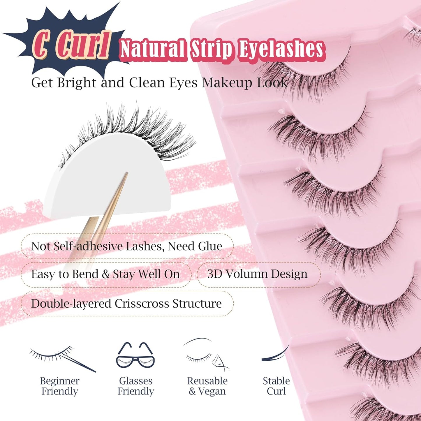 Cat Eyelashes Natural Eye Lashes 12mm False Lashes Wispy Thin Band 3D Volume Fake Eyelash C Curl Lash Pack Natural Look 7 Pair