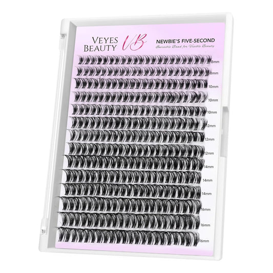 VEYESBEAUTY Lash Clusters Individual Eyelash Extensions Thin & Invisible Band DIY False Eyelashes for Self-application Newbie's Five-Second Series Wispy Lash Tray, Ribbon 8-16mm Mixed Length