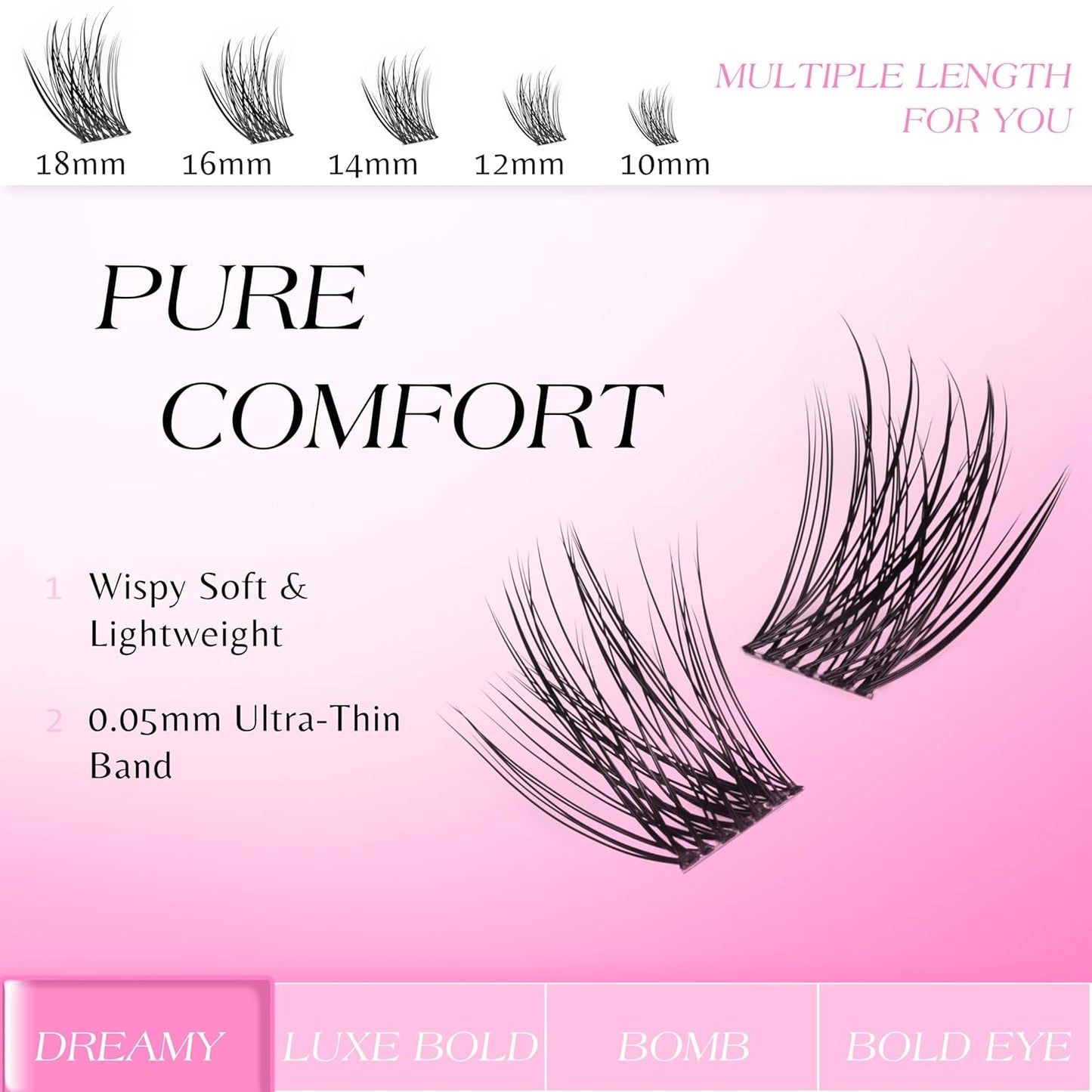 VEYESBEAUTY Lash Clusters Individual Eyelash Extensions Thin & Invisible Band DIY False Eyelashes for Self-application Newbie's Five-Second Series Wispy Lash Tray, Dreamy 14mm Single Length