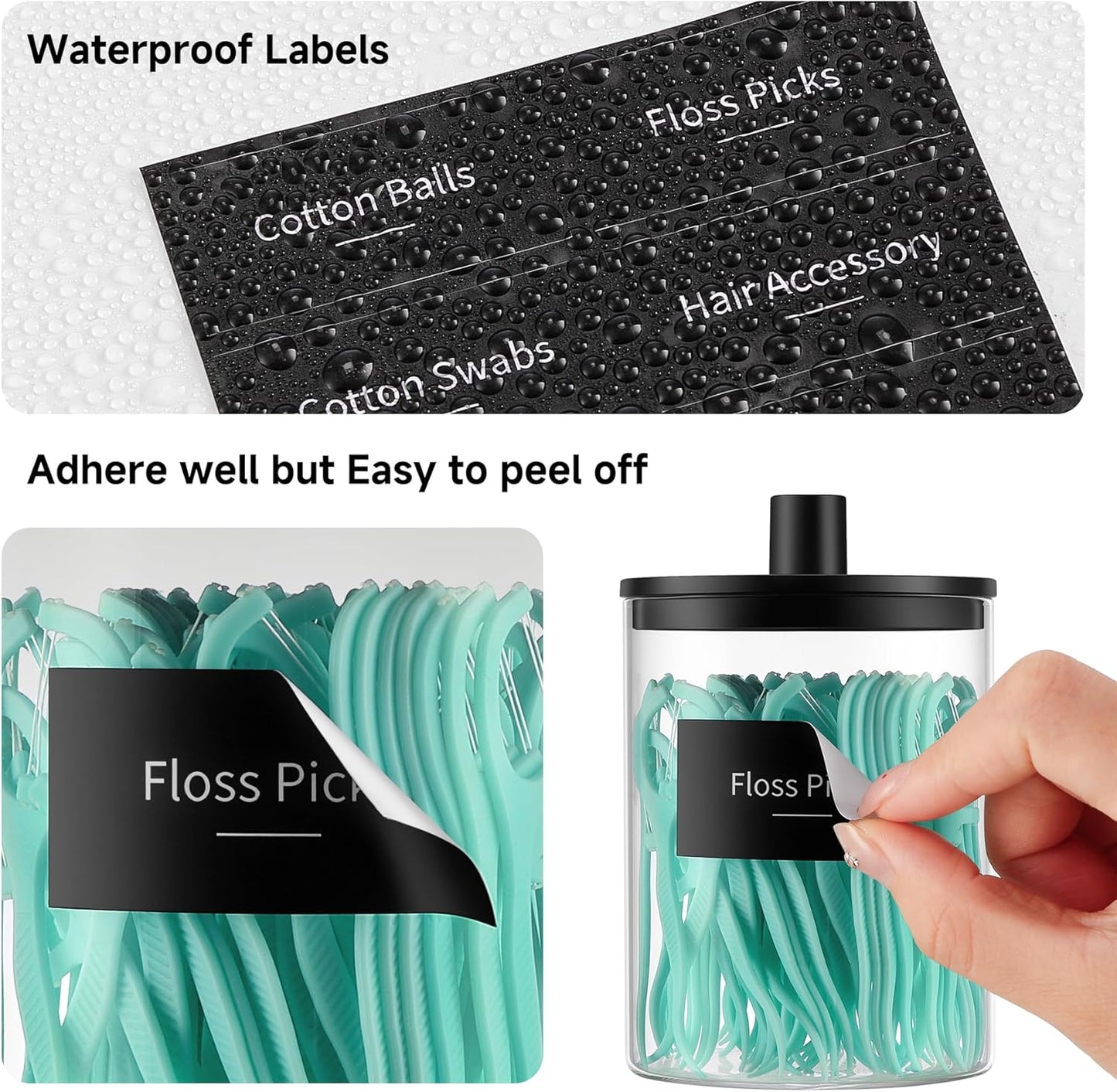 TIPGO Glass Qtip Holder Dispenser for Bathroom - 10 oz Clear Canister Apothecary Jar for Cotton Swabs, Balls, Pads, Floss Picks, Small Containers for Makeup Storage Organizer (4 Pack, Black)