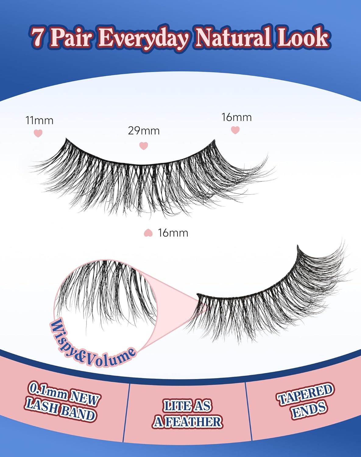 Natural Lashes Wispy False Eyelashes Strip Flared Natural Look Eyelash CatEye Lash Soft Lashes Fluffy Mink Eyelash Pack 7 Pairs 16MM D76