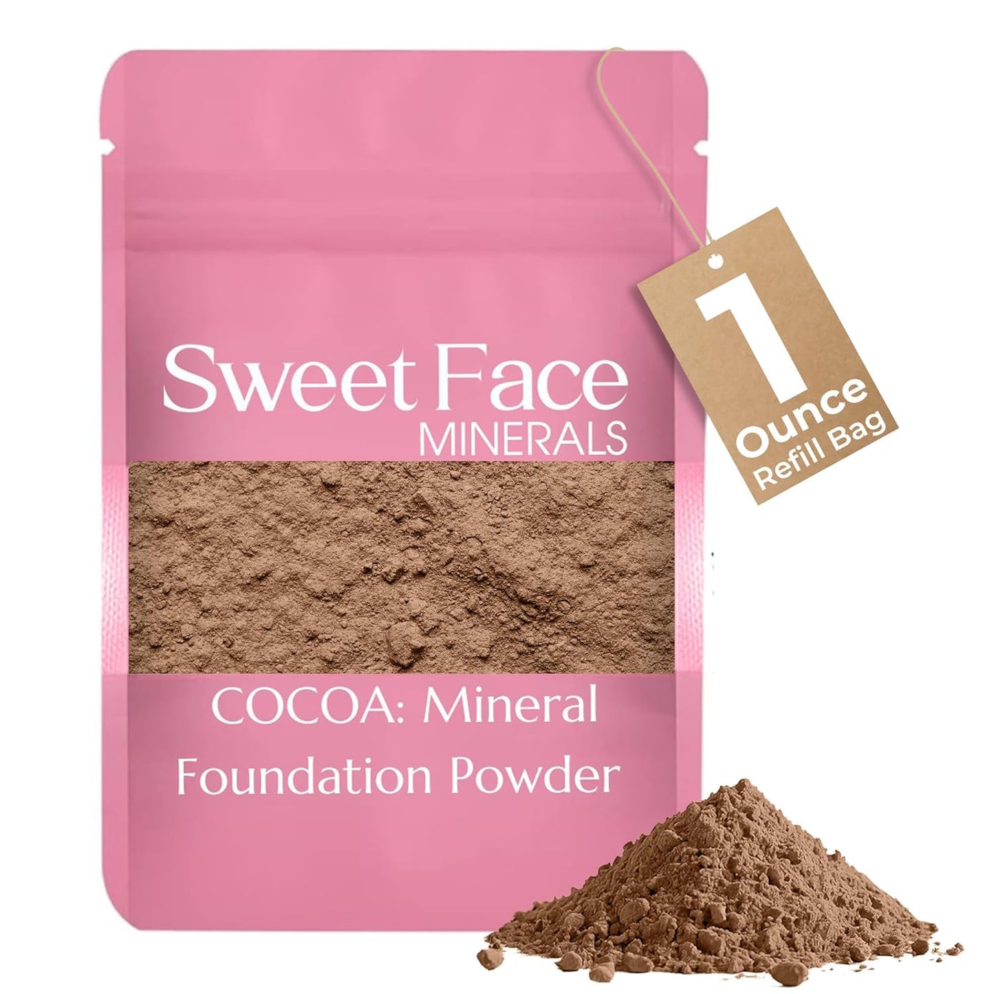 Foundation Powder Refill (COCOA) (1 Ounce Bag) By Sweet Face Minerals, Lightweight Mineral Loose Makeup Powder with SPF 20, Full Coverage Flawless Finish, Talc-free, Cruelty-Free, Refillable Pouch