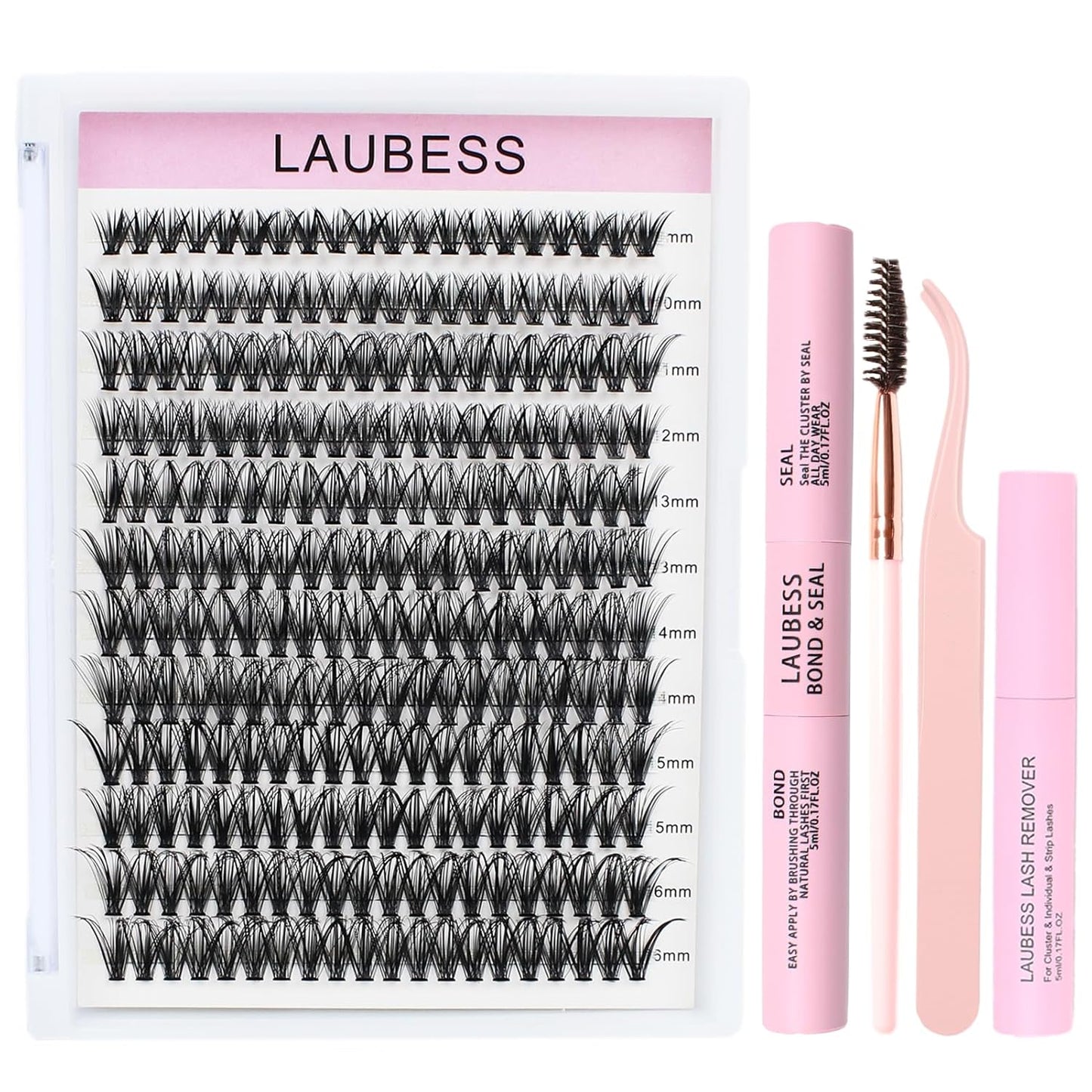 Lash Extension Kit LAUBESS Lash Clusters Kit Cluster Eyelash Extensions Kit Eyelash Clusters Lash Bond and Seal Waterproof Tweezers Brush Lash Glue Remover (Kit 40D-D-Mix9-16(0.05)