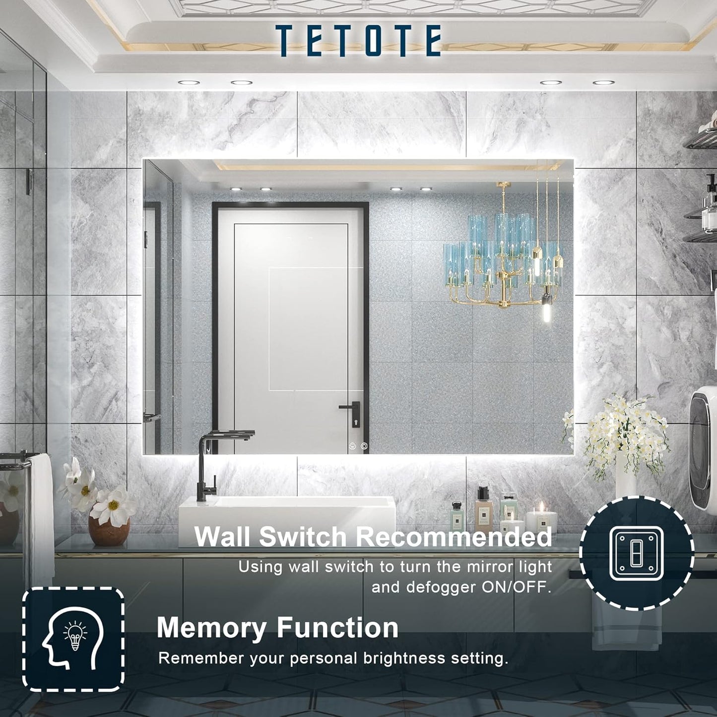 TETOTE 48 x 36 Inch LED Backlit Bathroom Mirror with Lights, LED Vanity Mirror, Frameless, Anti-Fog, Dimmable, CRI90+, Touch Button,Water Proof, Horizontal/Vertical Wall Mounted