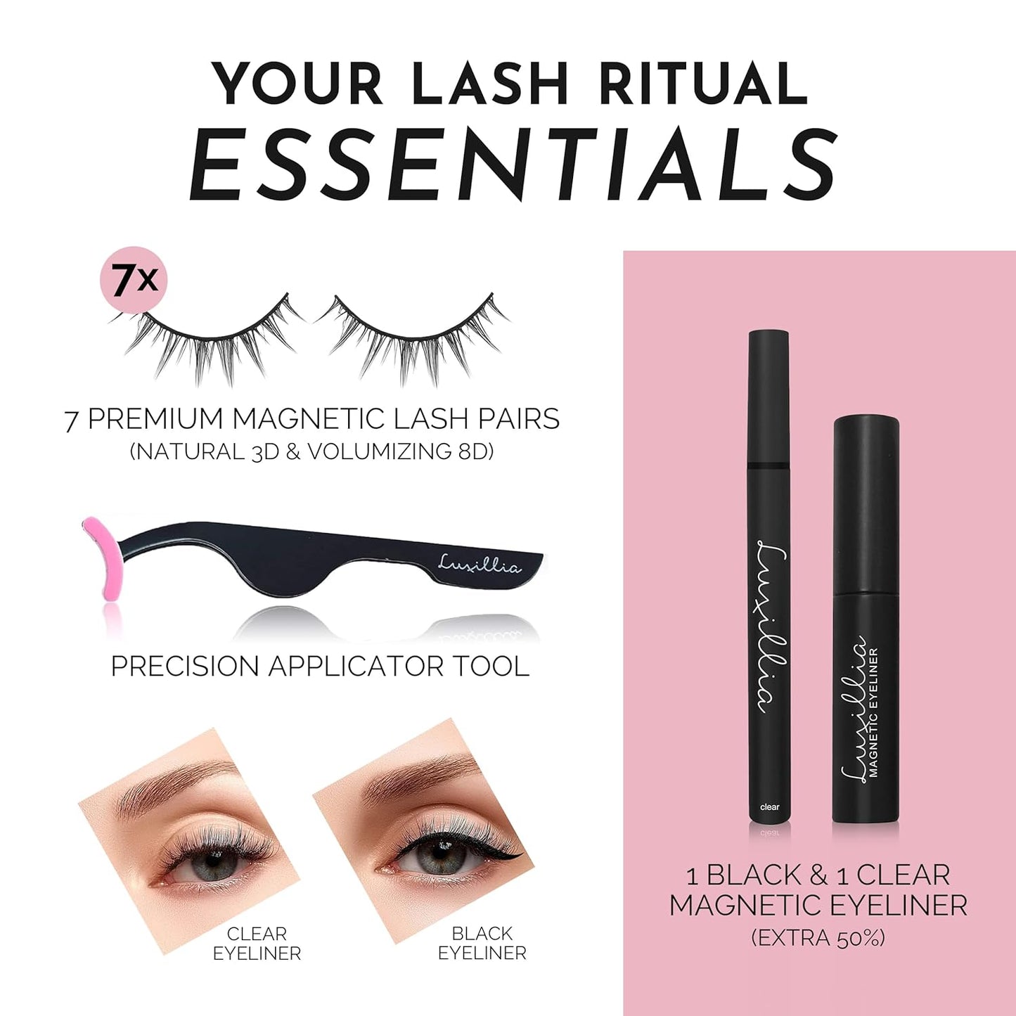 Luxillia Magnetic Eyelashes Kit – 10 Piece (Clear & Black) Magnetic Eyelash & Eyeliner Set with Applicator – Natural Look Easy Apply Reusable Fake Extension Lashes, No Glue – Pestañas Naturales