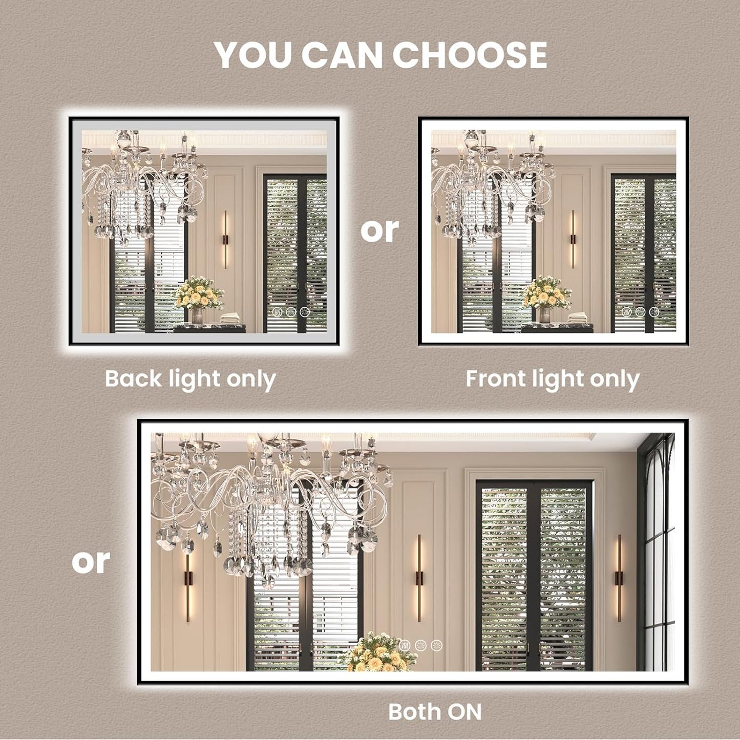 Amorho 72"x 32" LED Bathroom Mirror with Black Frame, Front Light and Backlit(Controlled Separately), Stepless Dimmable, Anti-Fog, Shatter-Proof, 3 Colors, Memory