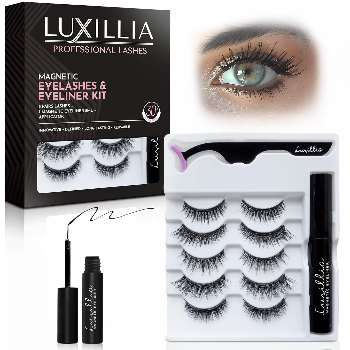 Luxillia Magnetic Eyelashes Kit – 7 Piece Magnetic Eyelash & Eyeliner Set with Applicator – Natural Look Easy Apply Reusable Fake Extension Lashes, No Glue – Pestañas Postizas Magnéticas Naturales
