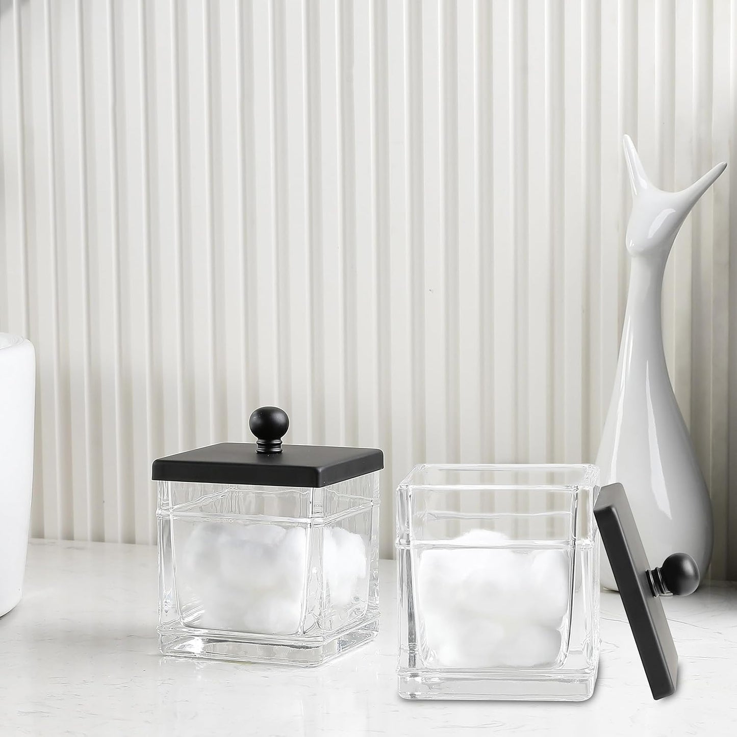 Glass Cotton Jar Holder 2 Pack– Matte Black Lid, Elegant Bathroom Storage Canister for Qtips, Cotton Balls, Floss, Makeup Organizer, Vanity & Bathroom Organization