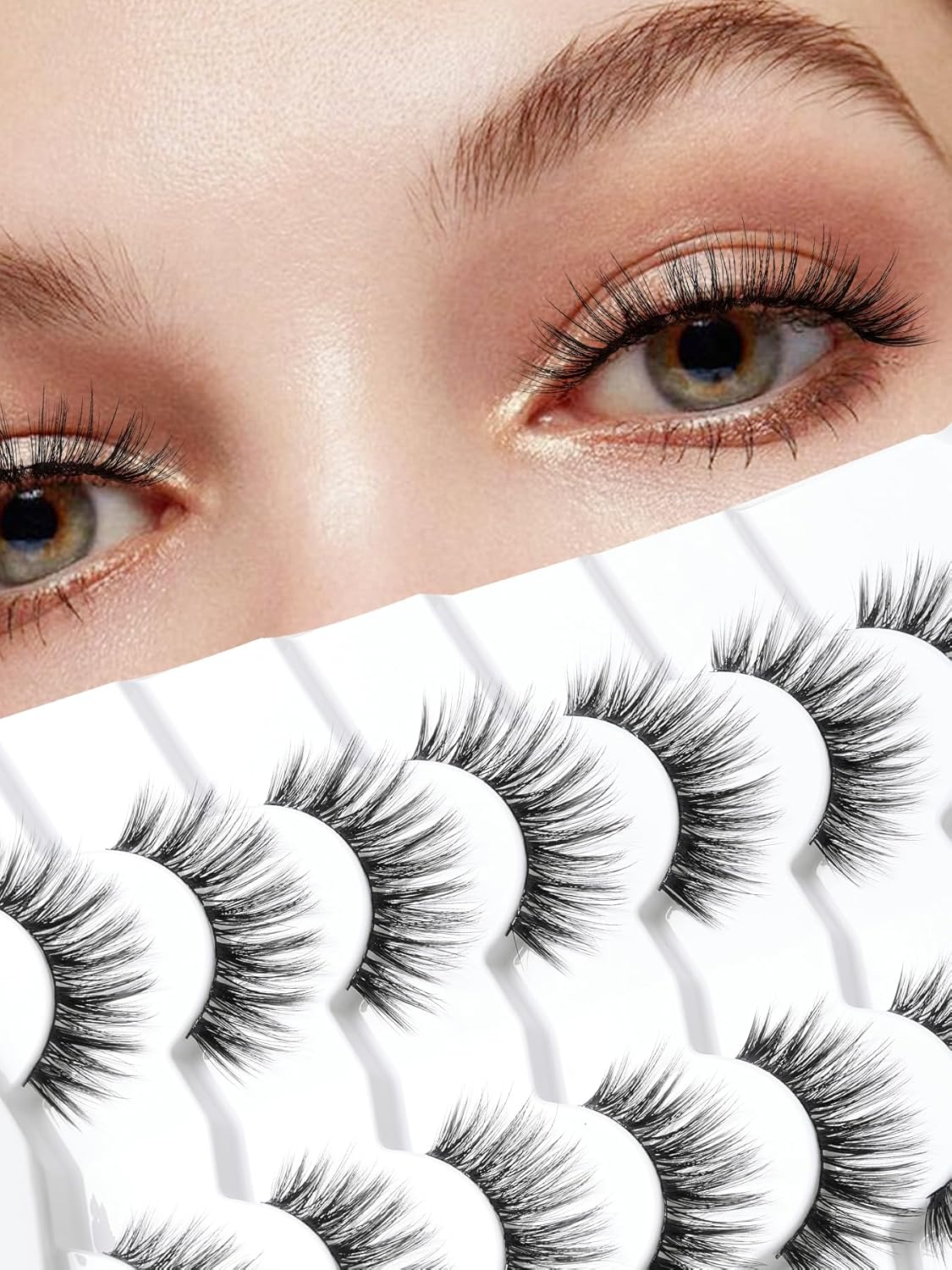Lashes Wispy False Eyelashes Natural Volume Fluffy Lashes 12MM Strip Eyelashes with Thin Band C Curl Eyelashes False Eye Lashes Pack 7 Pair Siligli