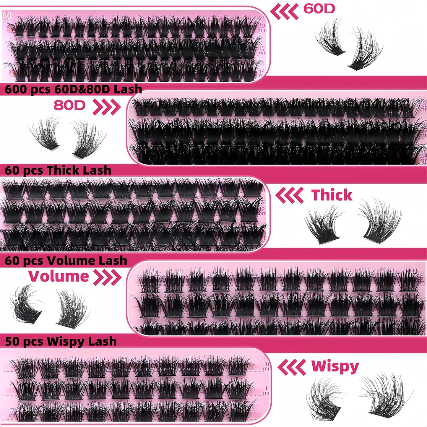 Volume Lashes Clusters Lash Kit Gift Packs 770Pcs with 2X Bond&Seal 5 style Mixed C-Curl False Eyelashes Extensions Faux Mink Individual Lash Wholesale Pack DIY Individual Fake Eyelashes Box