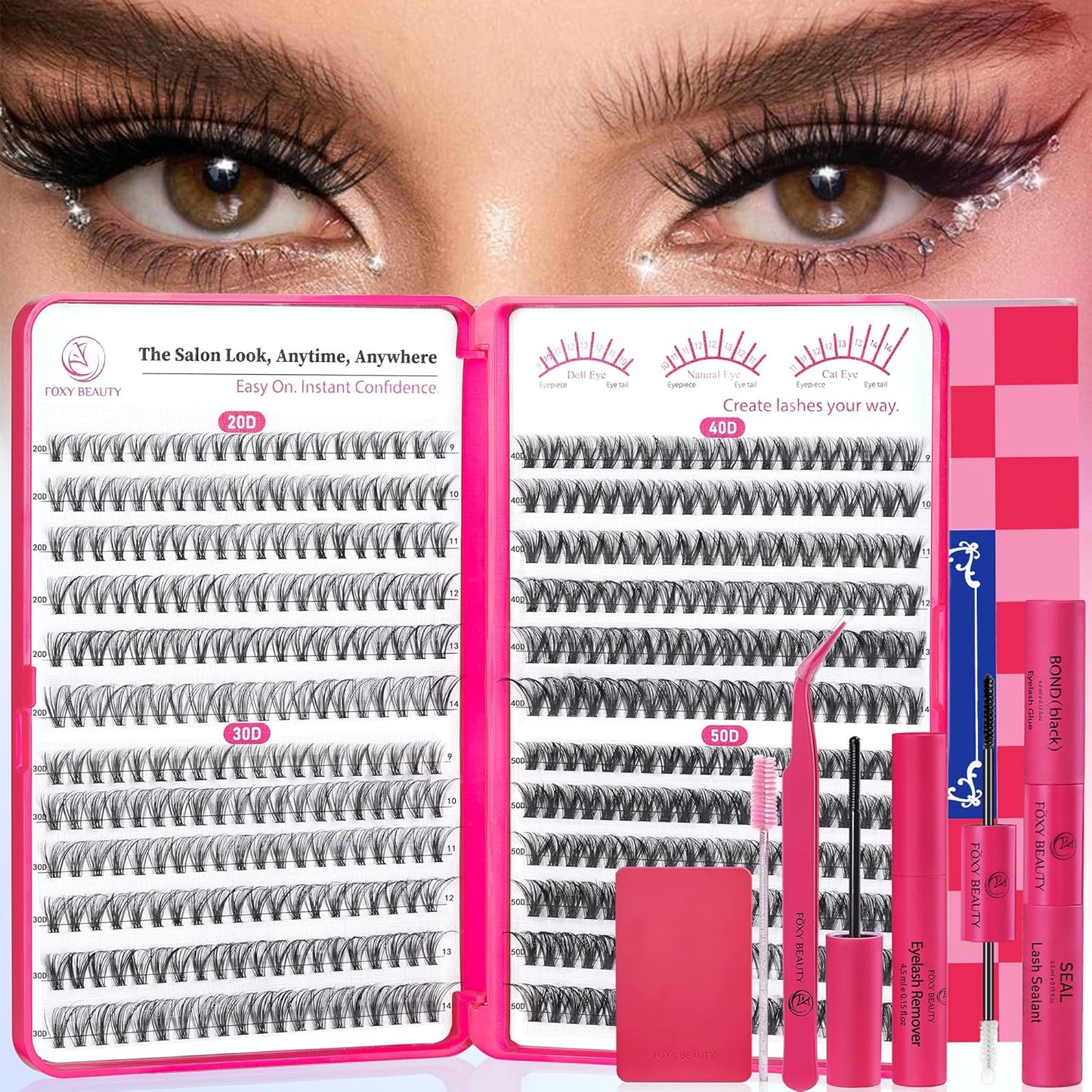 Waltz Lash Clusters Kit - Lash Clusters Lash Extension Kit with Bond and Seal Eyelash Cluster 20D30D40D50D-0.07D Cluster Eyelash Extensions Eyelash Extension Kit DIY at Home