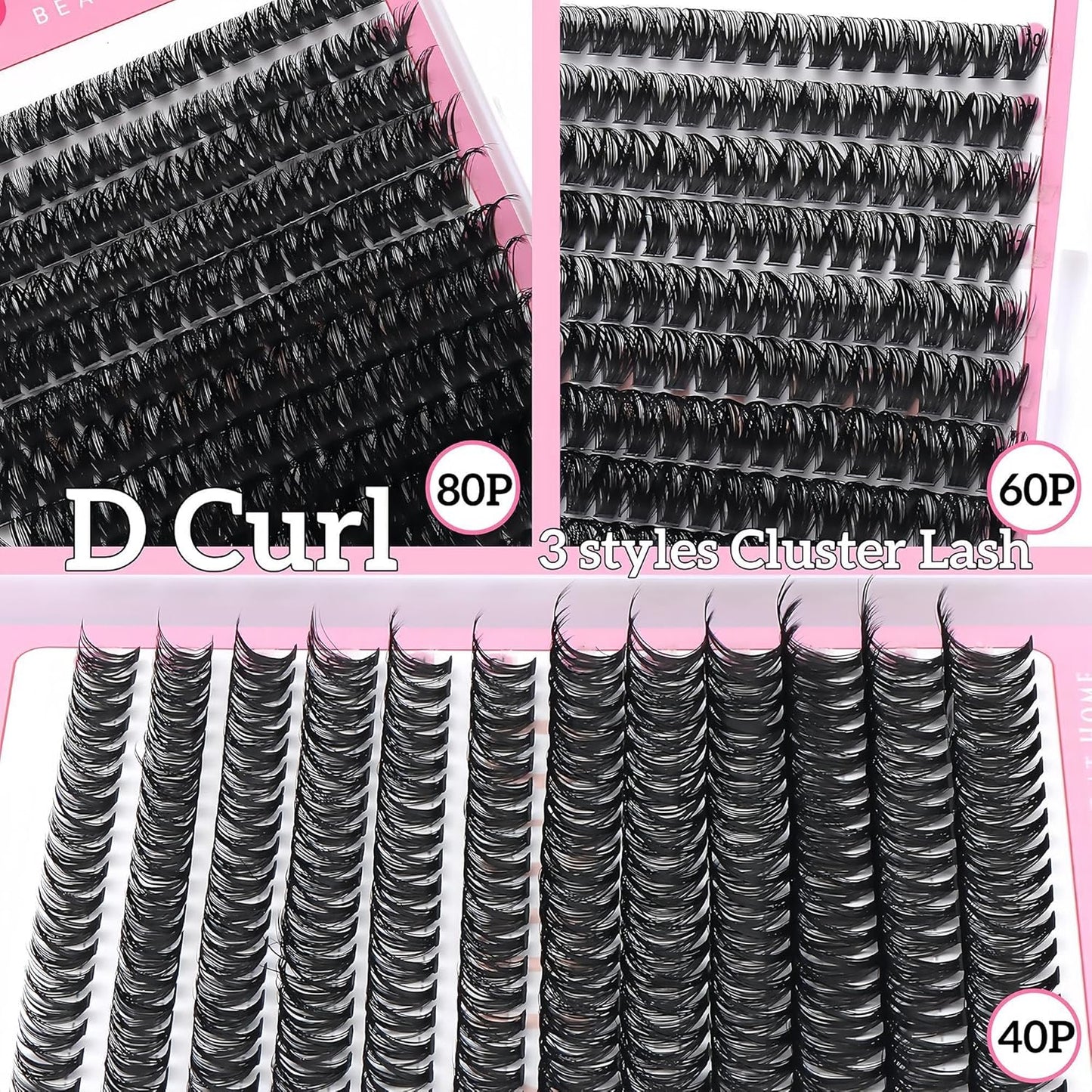3 Styles Lashes Cluster Kit 720Pcs Eyelash Extensions Kit 40P+60P+80P Bulk Pack D Curl Volume False Eyelashes DIY Individual Wispy Fake Eye Lashes Combo Packs with Bond&Seal |Tweezers | Removers