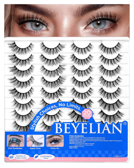 BEYELIAN False Eyelashes Natural Look 20 Pairs Strip Lashes, Wispy Lash Pack Soft 3D Volume Faux Mink Lashes That Look Like Extensions C-MIX-2