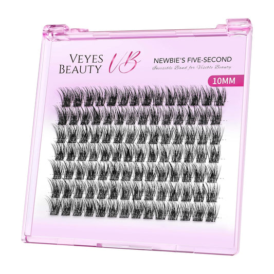 VEYESBEAUTY Lash Clusters Individual Eyelash Extensions Thin & Invisible Band DIY False Eyelashes for Self-application Newbie's Five-Second Series Wispy Lash Tray, Dreamy 10mm Single Length